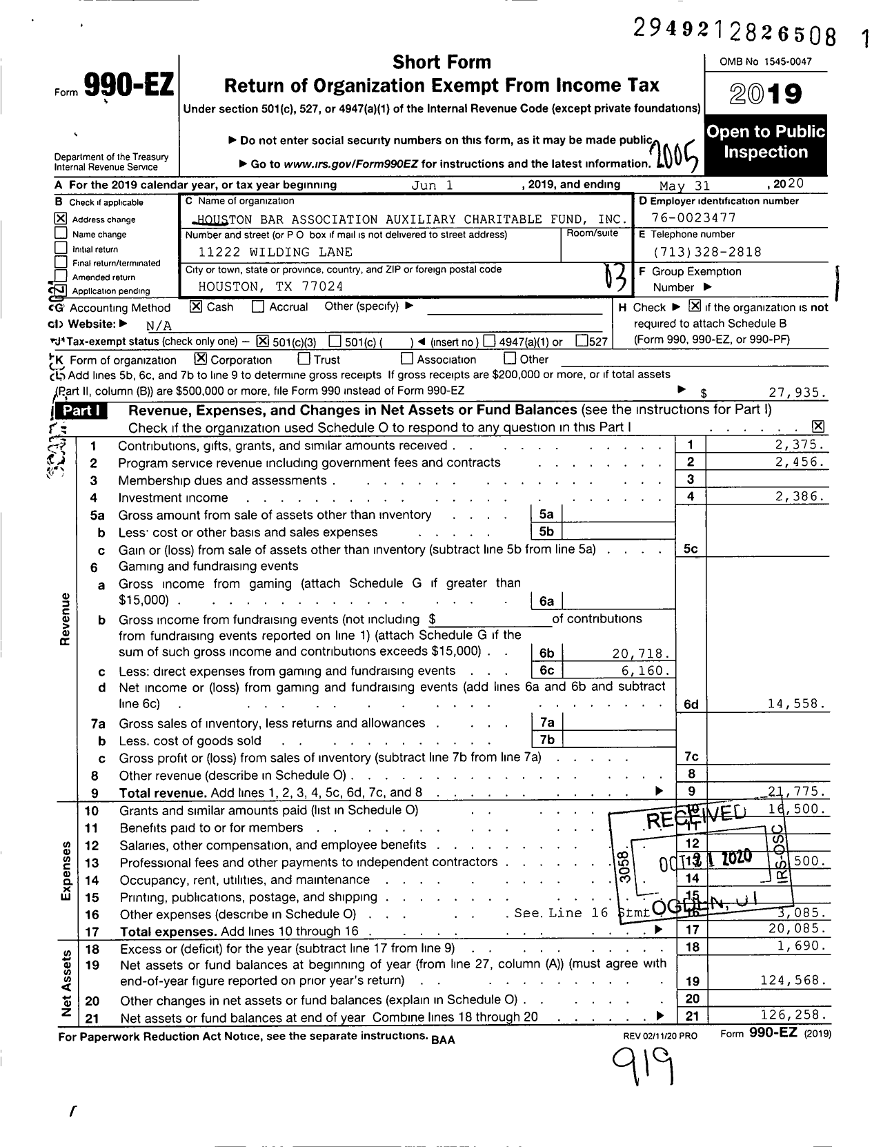 Image of first page of 2019 Form 990EZ for Houston Bar Association Auxiliary Charitable Fund