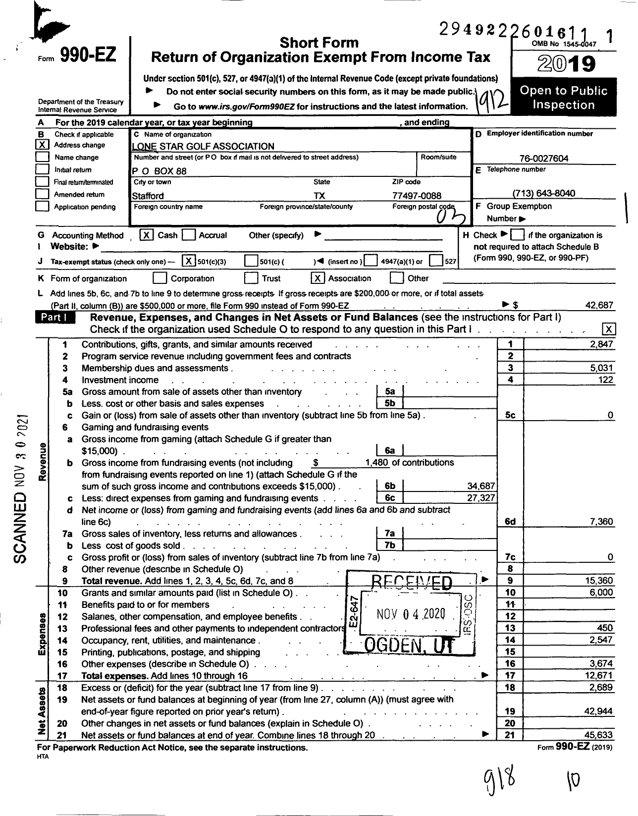 Image of first page of 2019 Form 990EZ for Lone Star Golf Association