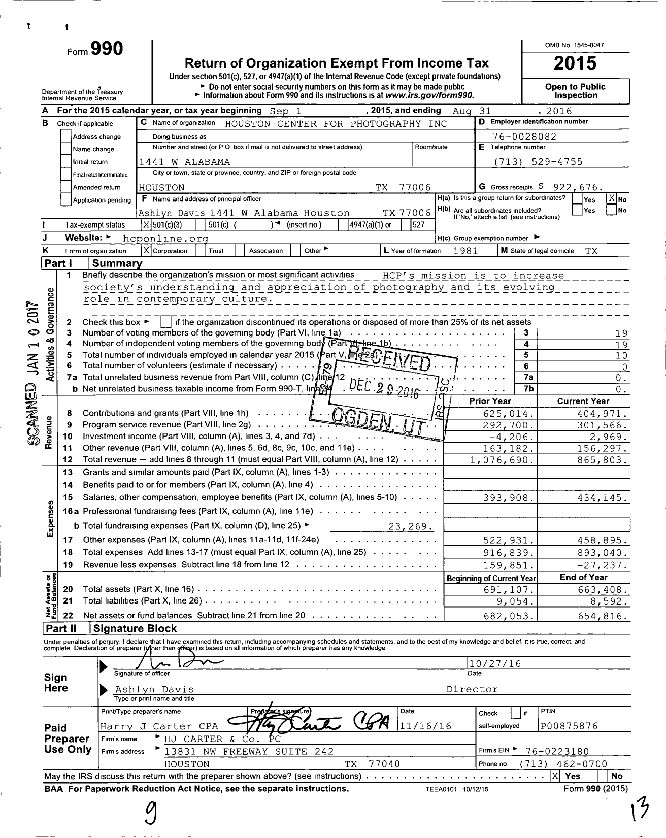 Image of first page of 2015 Form 990 for Houston Center for Photography