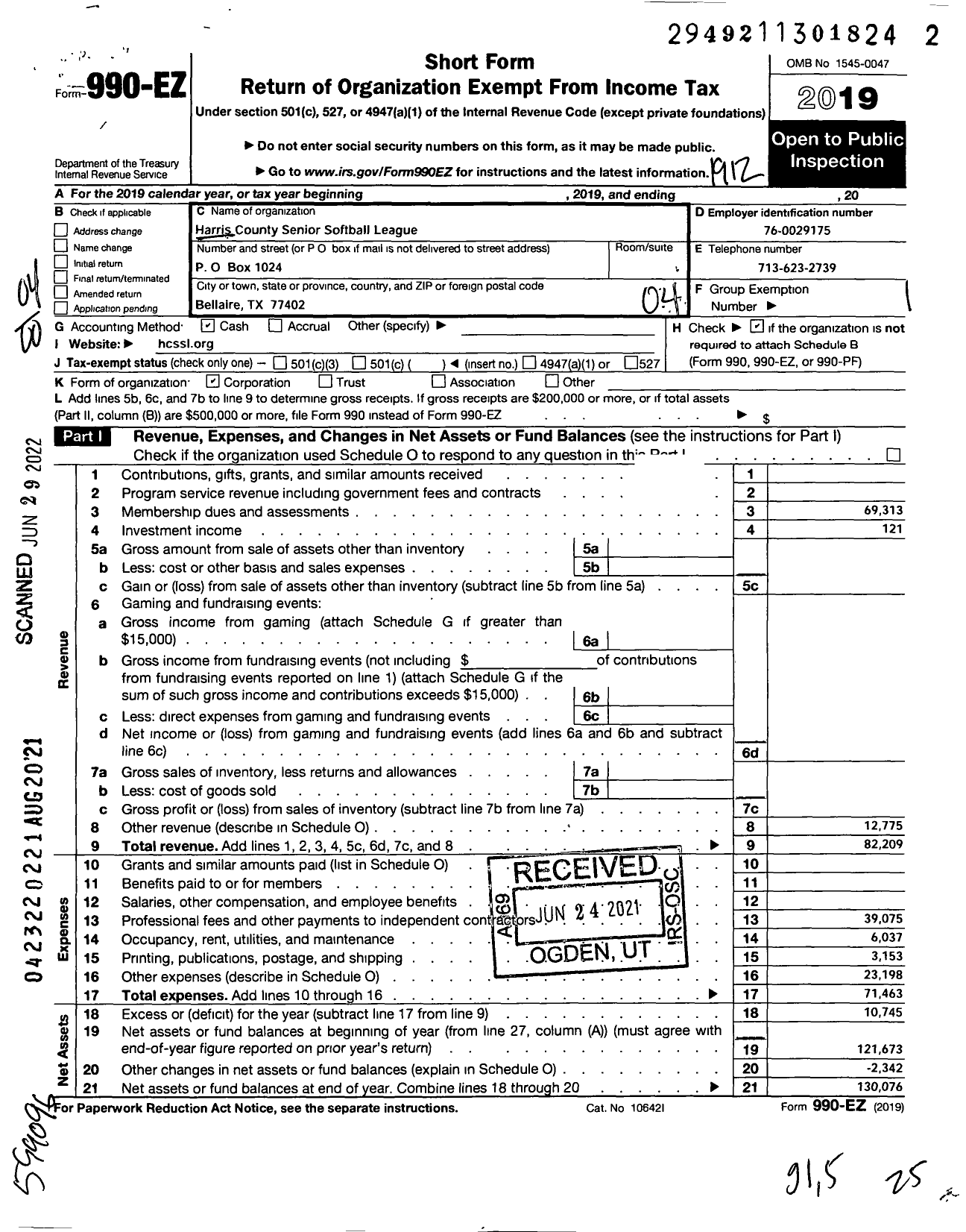 Image of first page of 2019 Form 990EO for Harris County Senior Softball League