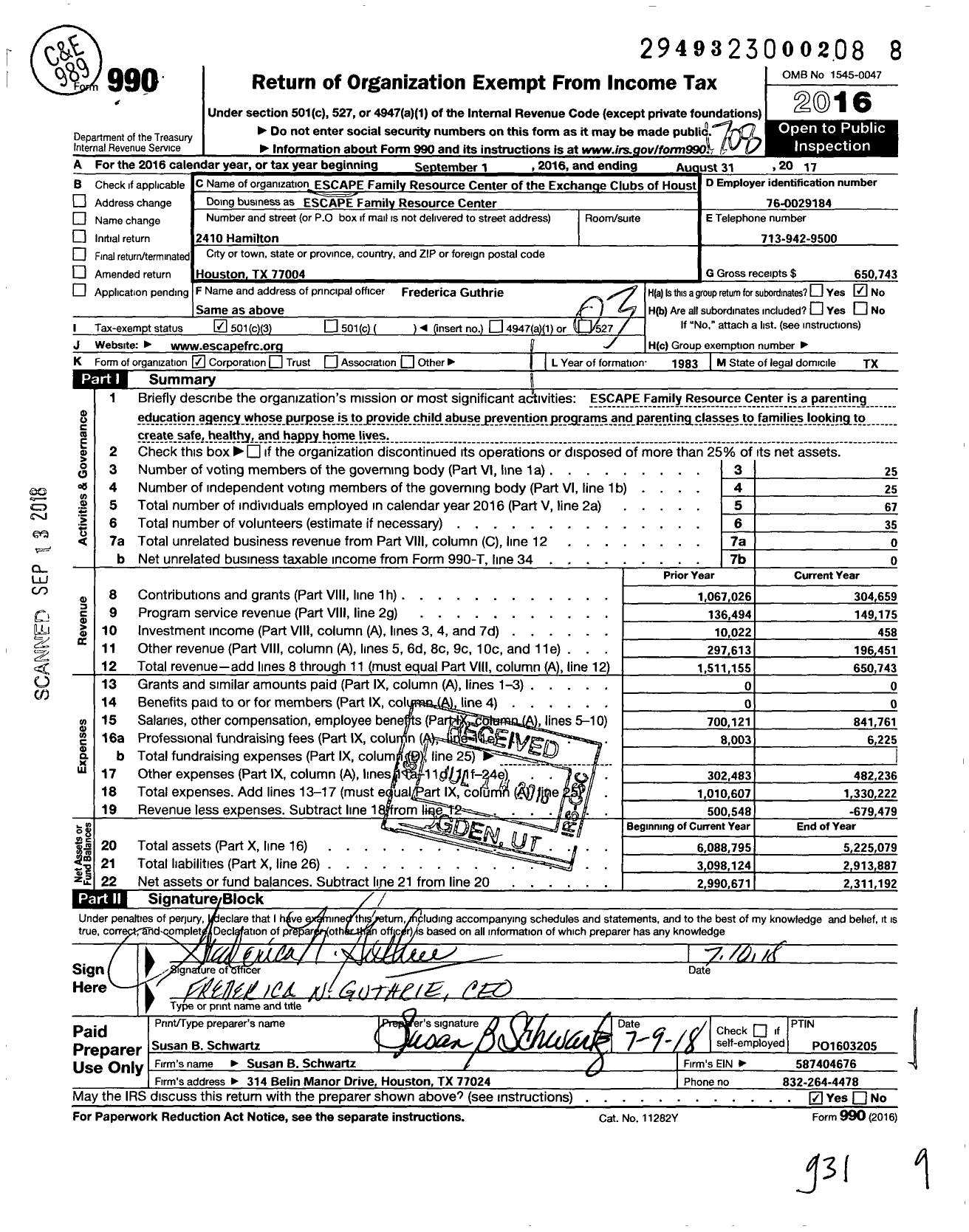 Image of first page of 2016 Form 990 for Escape Family Resource Center of the Exchange Clubs of Houston