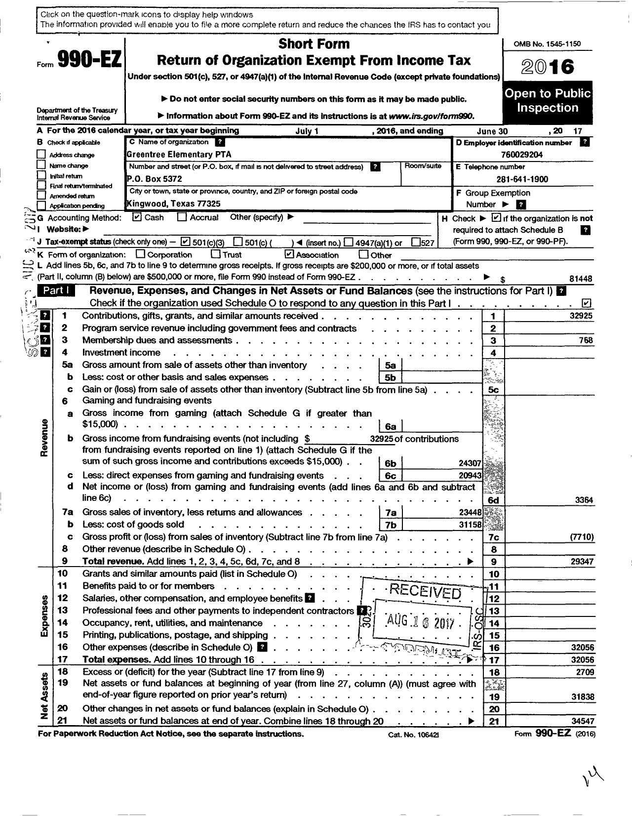 Image of first page of 2016 Form 990EZ for Texas PTA - 5847 Greentree Elementary PTA