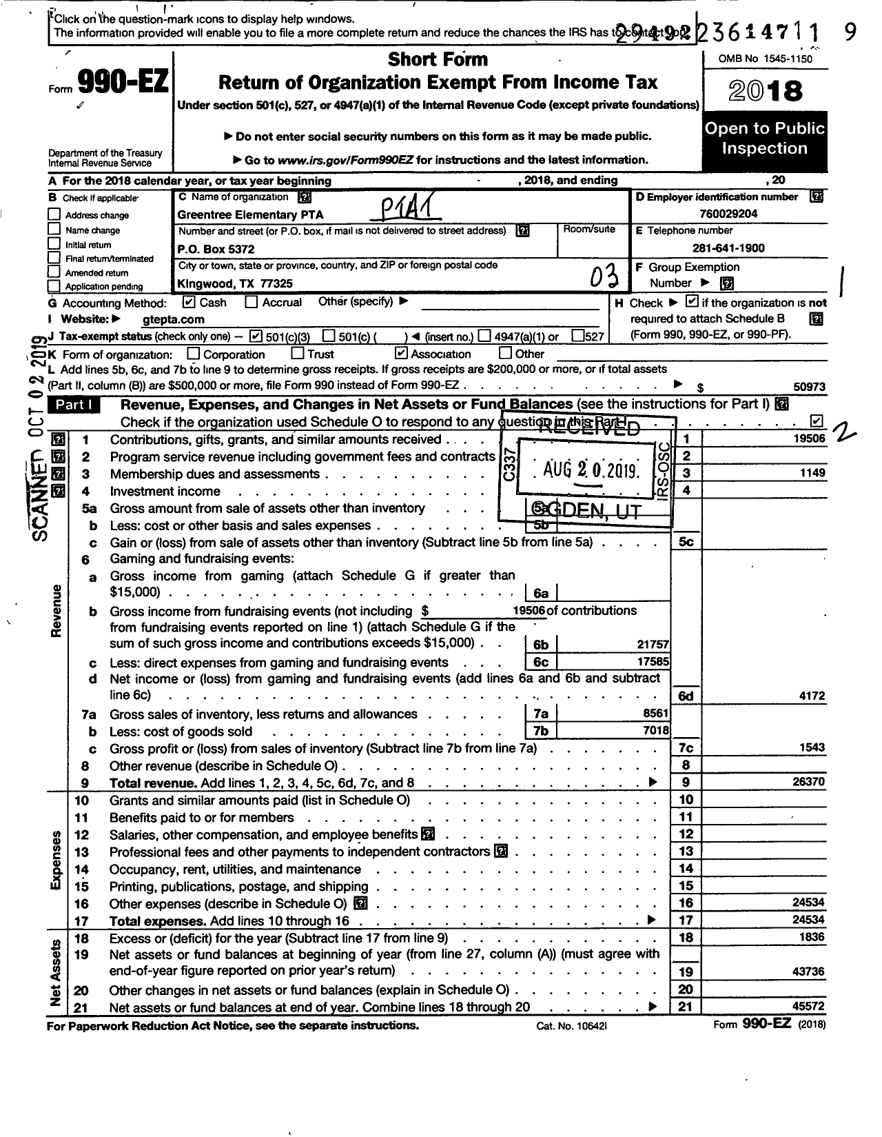 Image of first page of 2018 Form 990EZ for Texas PTA - 5847 Greentree Elementary PTA