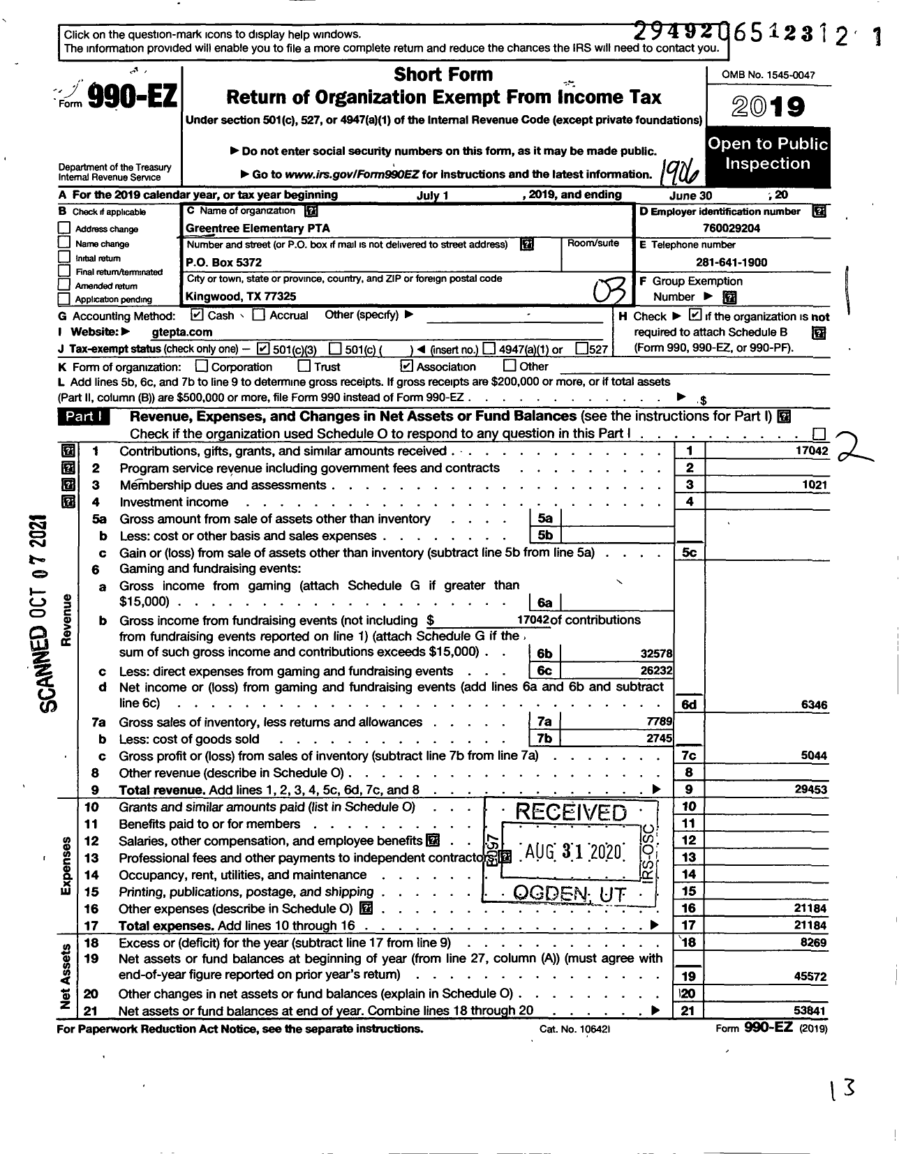 Image of first page of 2018 Form 990EZ for Texas PTA - 5847 Greentree Elementary PTA