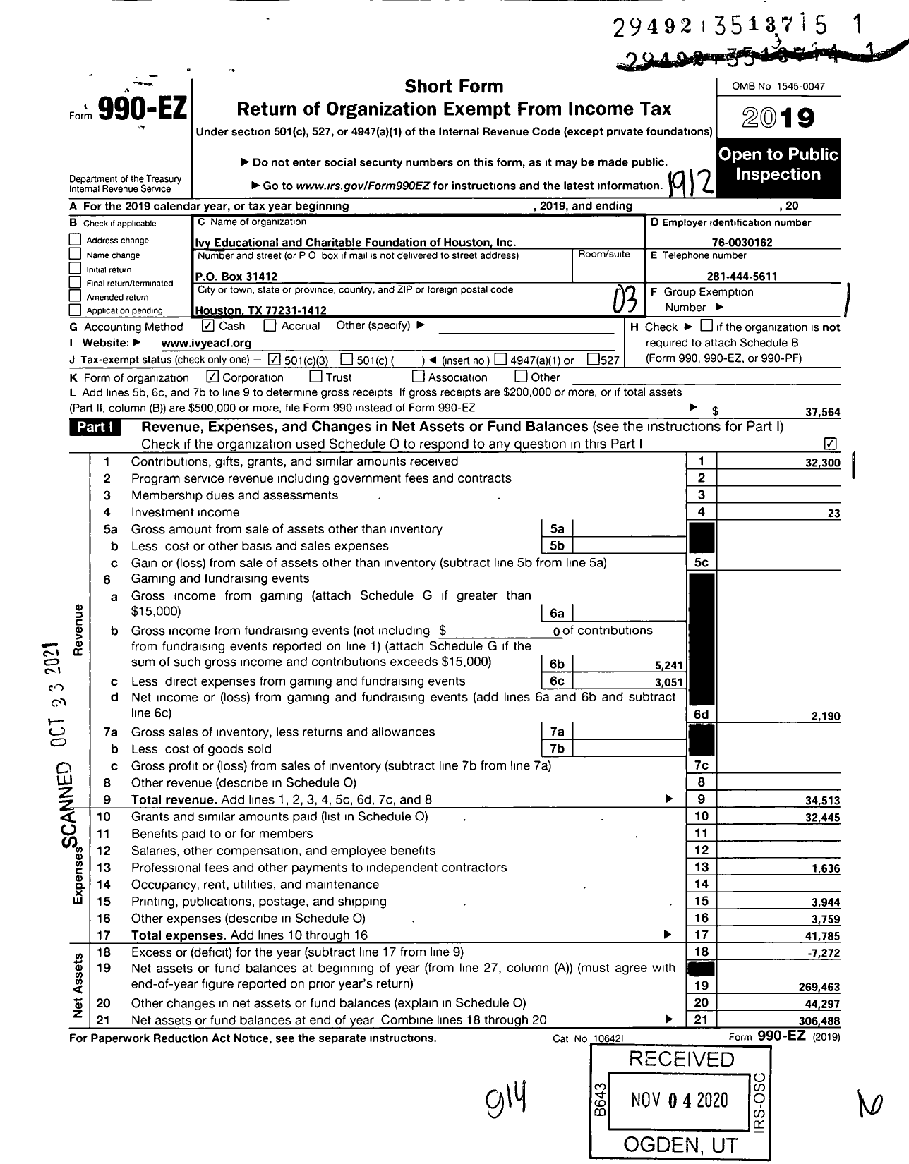 Image of first page of 2019 Form 990EZ for Ivy Educational and Charitable Foundation of Houston