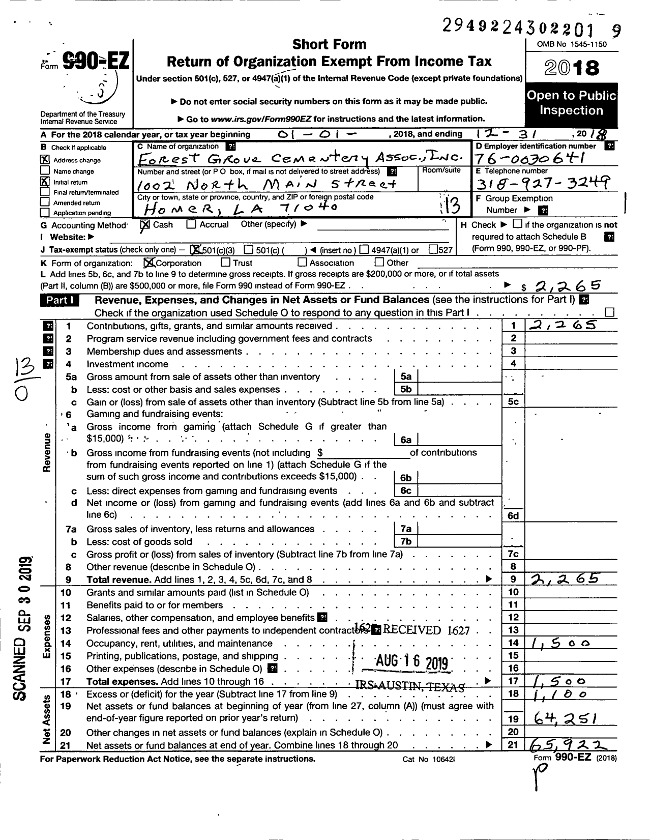 Image of first page of 2018 Form 990EO for Forest Grove Cemetery Association