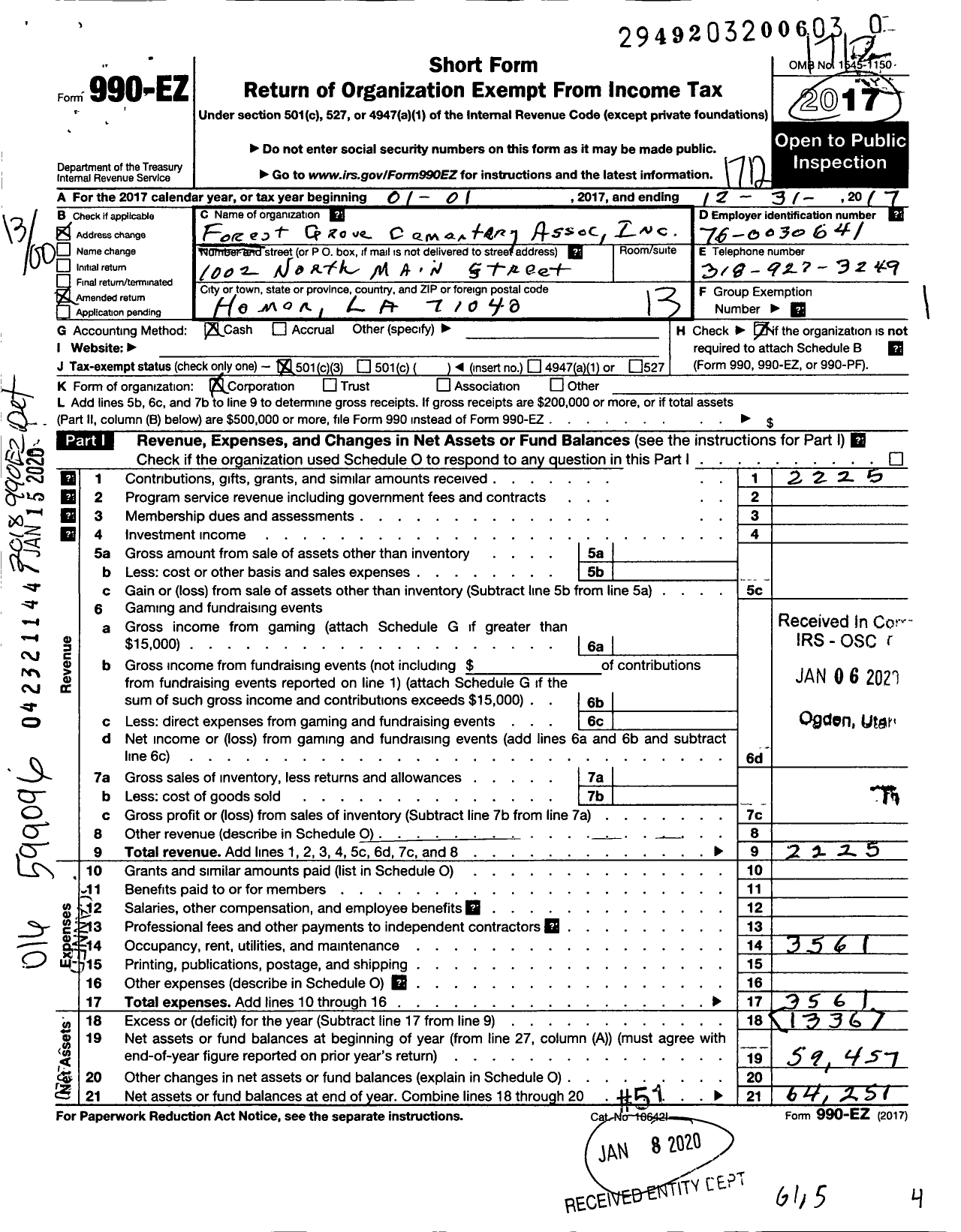 Image of first page of 2017 Form 990EO for Forest Grove Cemetery Association