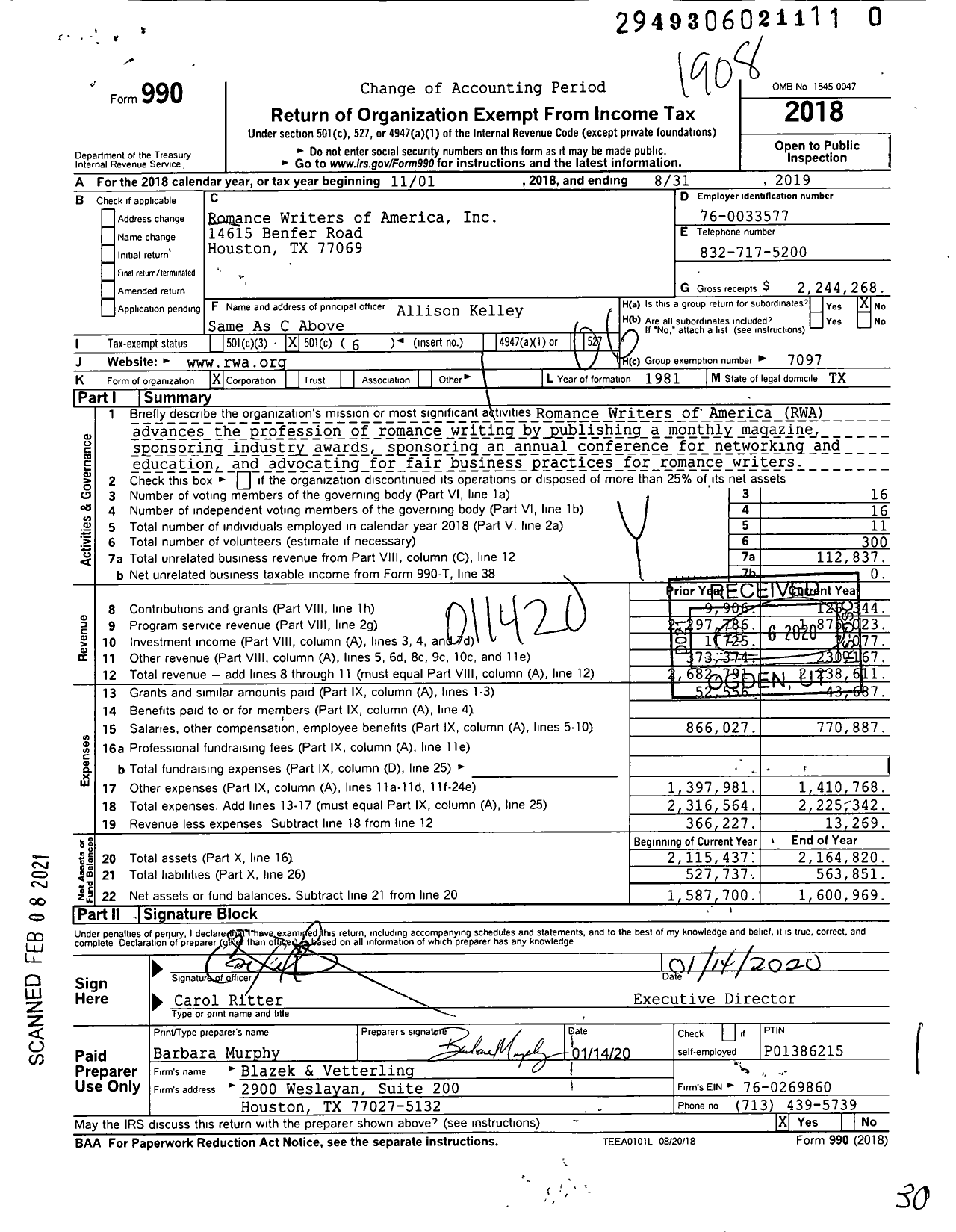 Image of first page of 2018 Form 990O for Romance Writers of America (RWA)