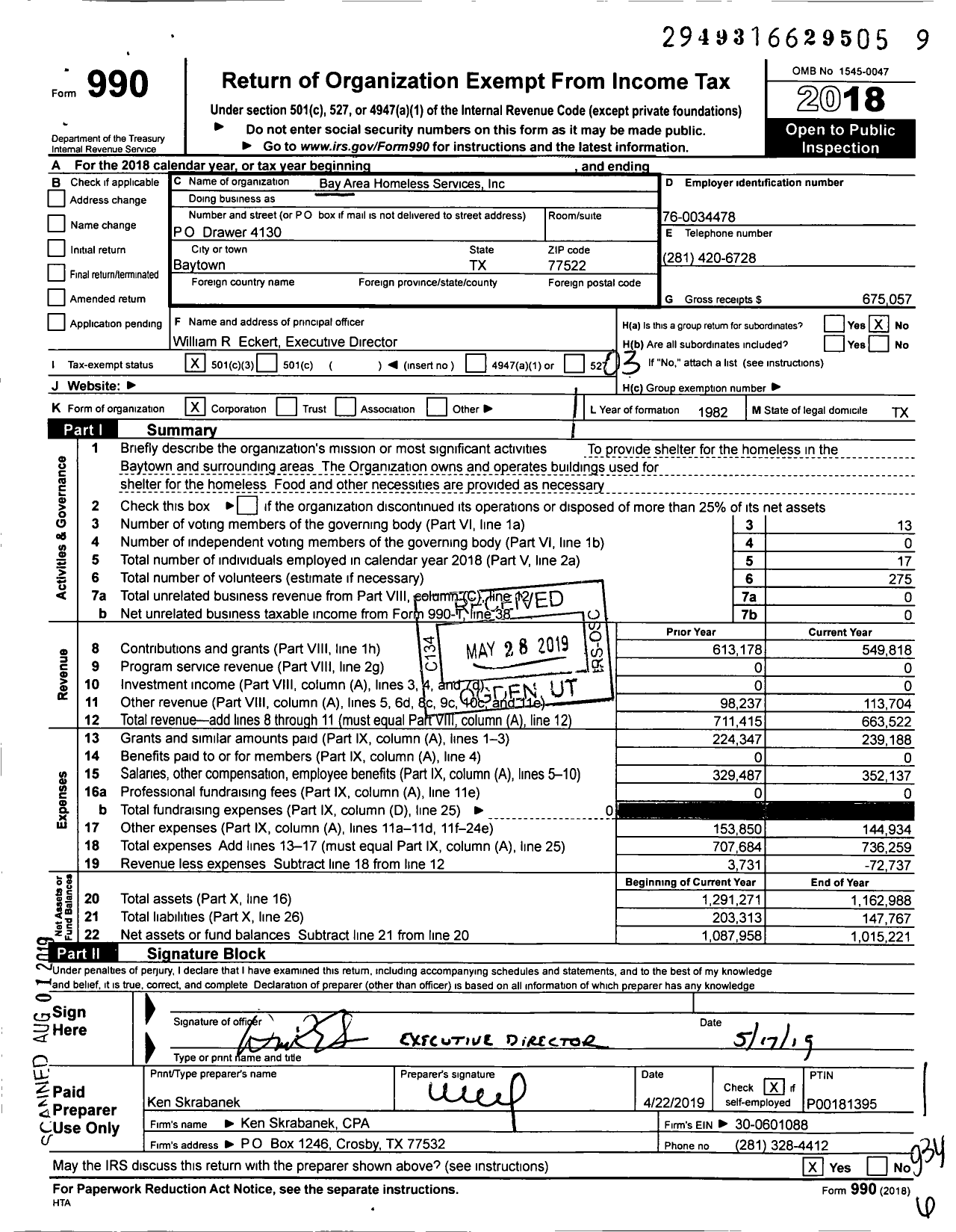 Image of first page of 2018 Form 990 for Bay Area Homeless Services
