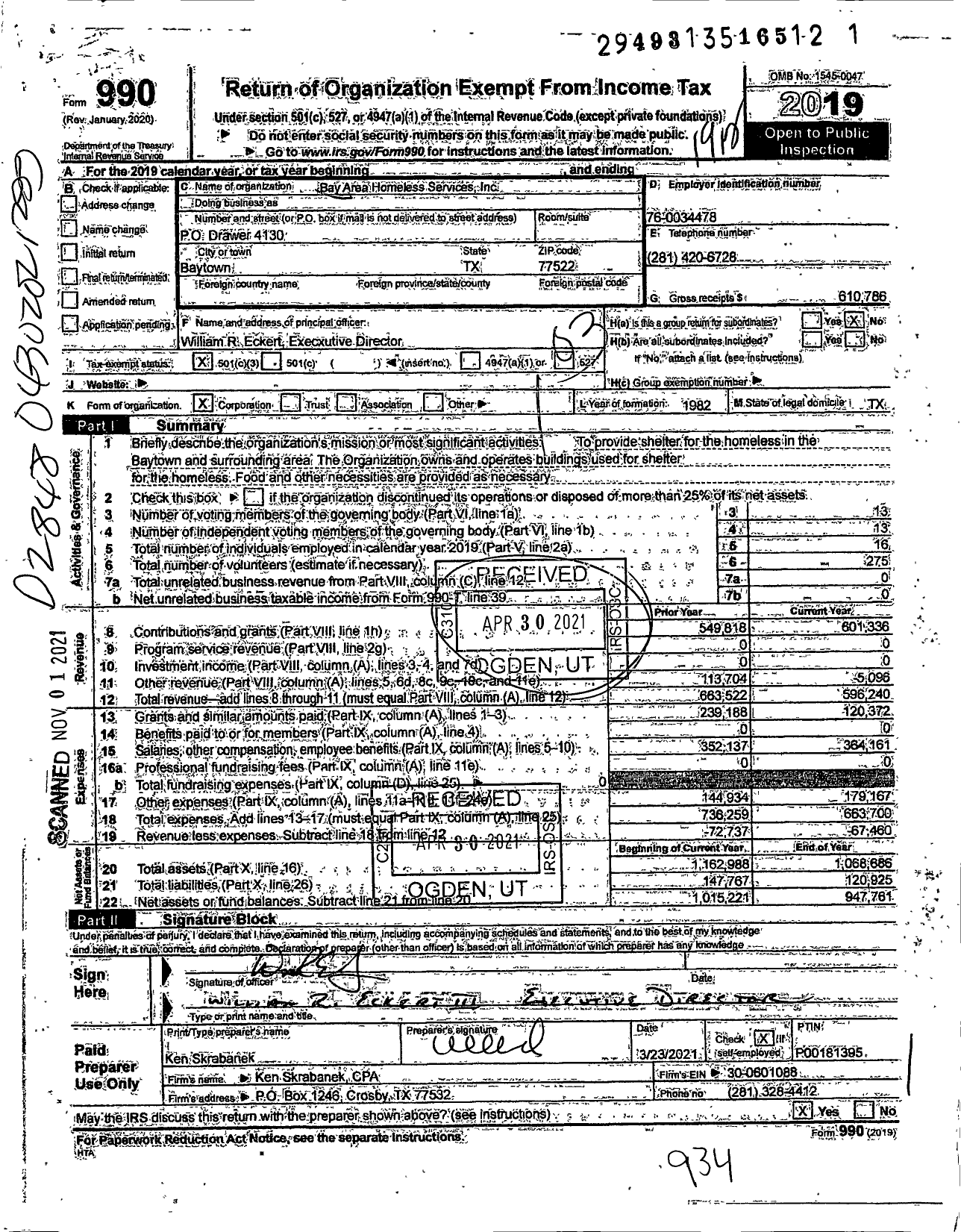 Image of first page of 2019 Form 990 for Bay Area Homeless Services
