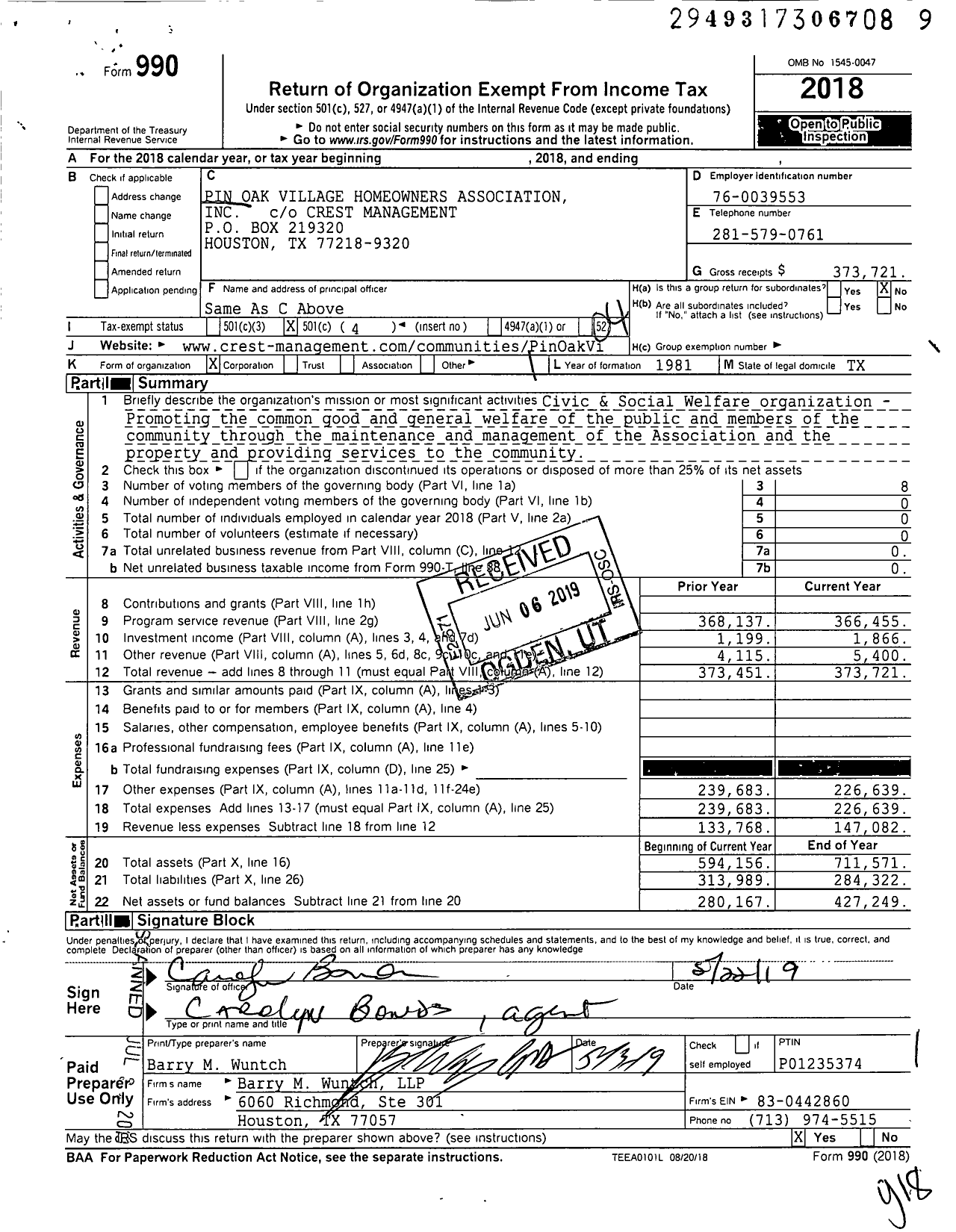 Image of first page of 2018 Form 990O for Pin Oak Village HOA
