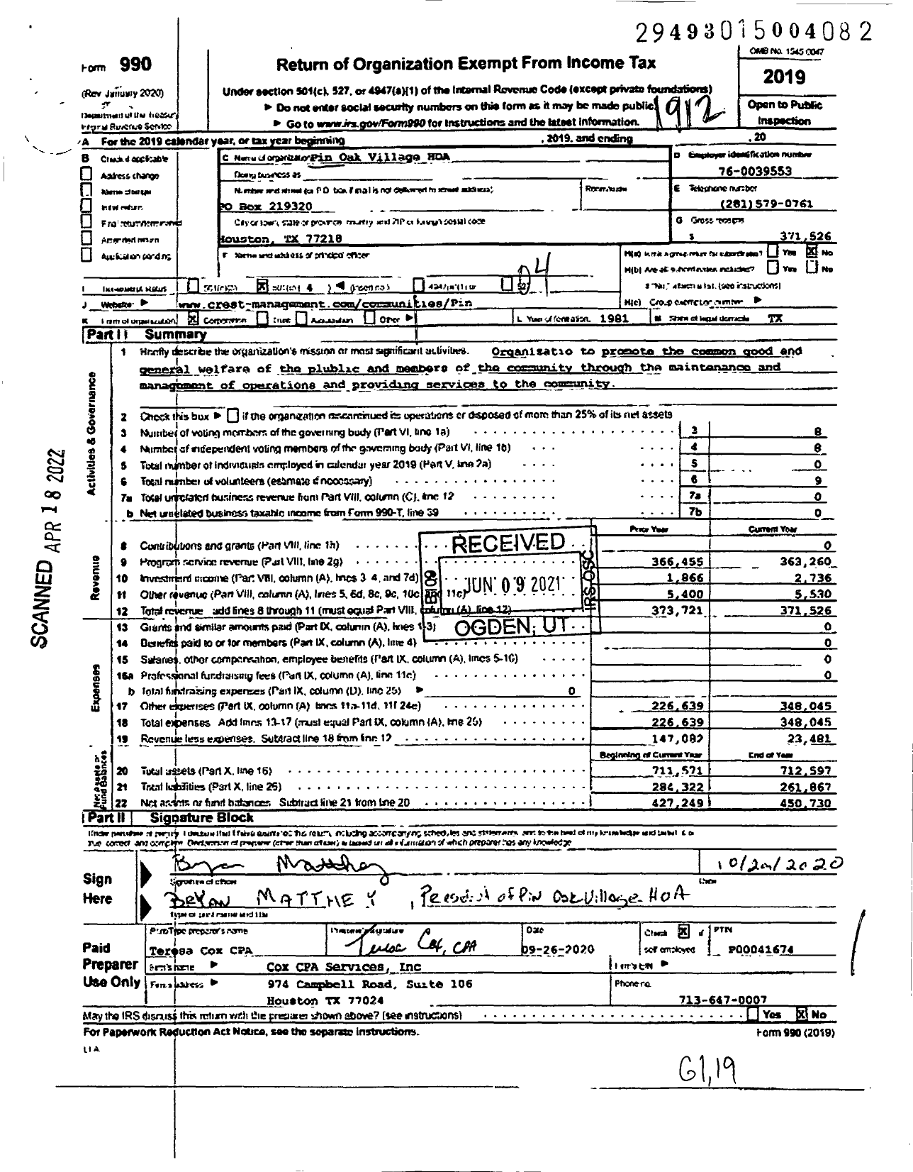 Image of first page of 2019 Form 990O for Pin Oak Village HOA