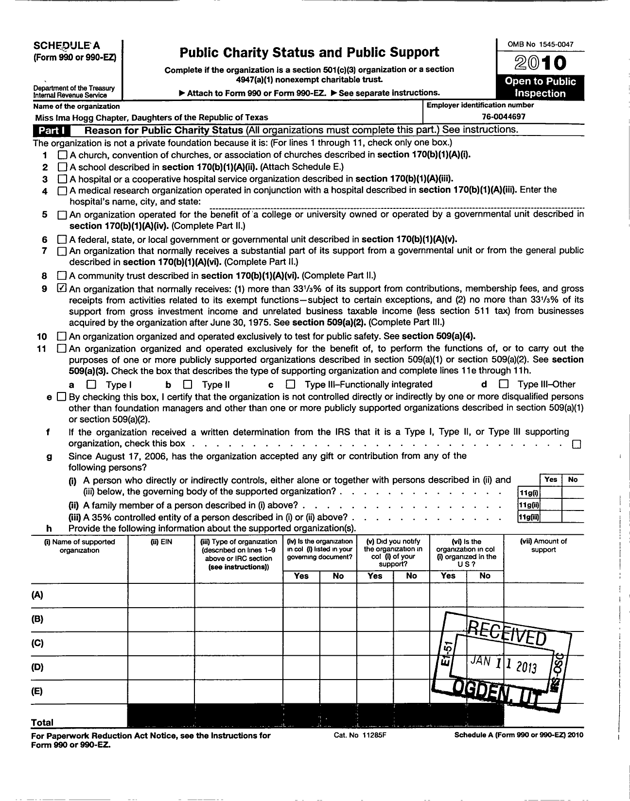 Image of first page of 2010 Form 990ER for Daughters of the Republic of TX / Miss Ima Hogg