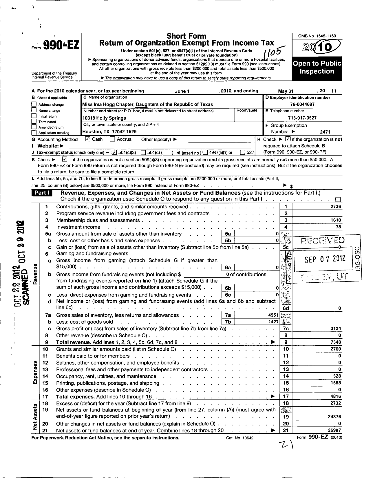 Image of first page of 2010 Form 990EZ for Daughters of the Republic of TX / Miss Ima Hogg