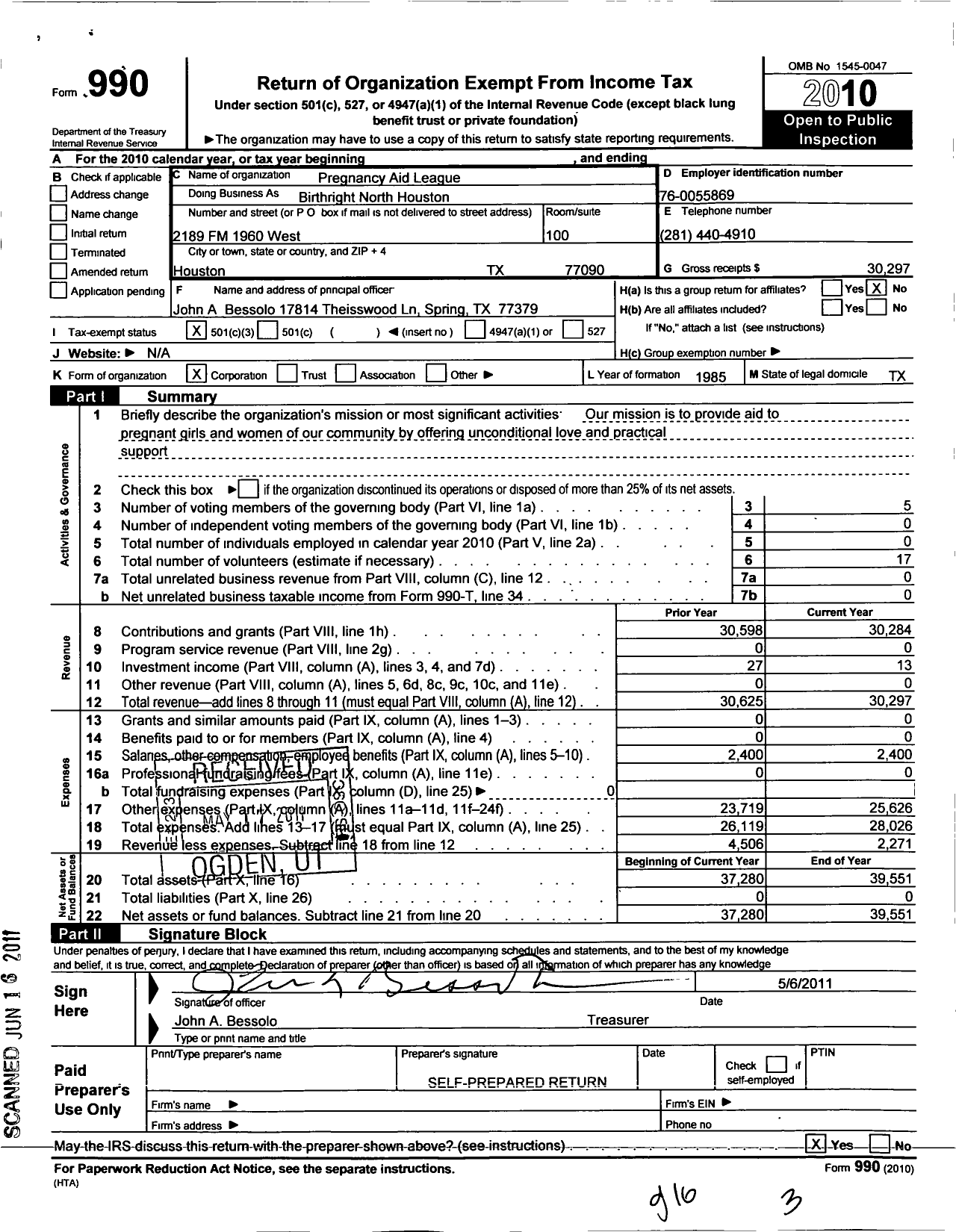 Image of first page of 2010 Form 990 for Pregnancy Aid League