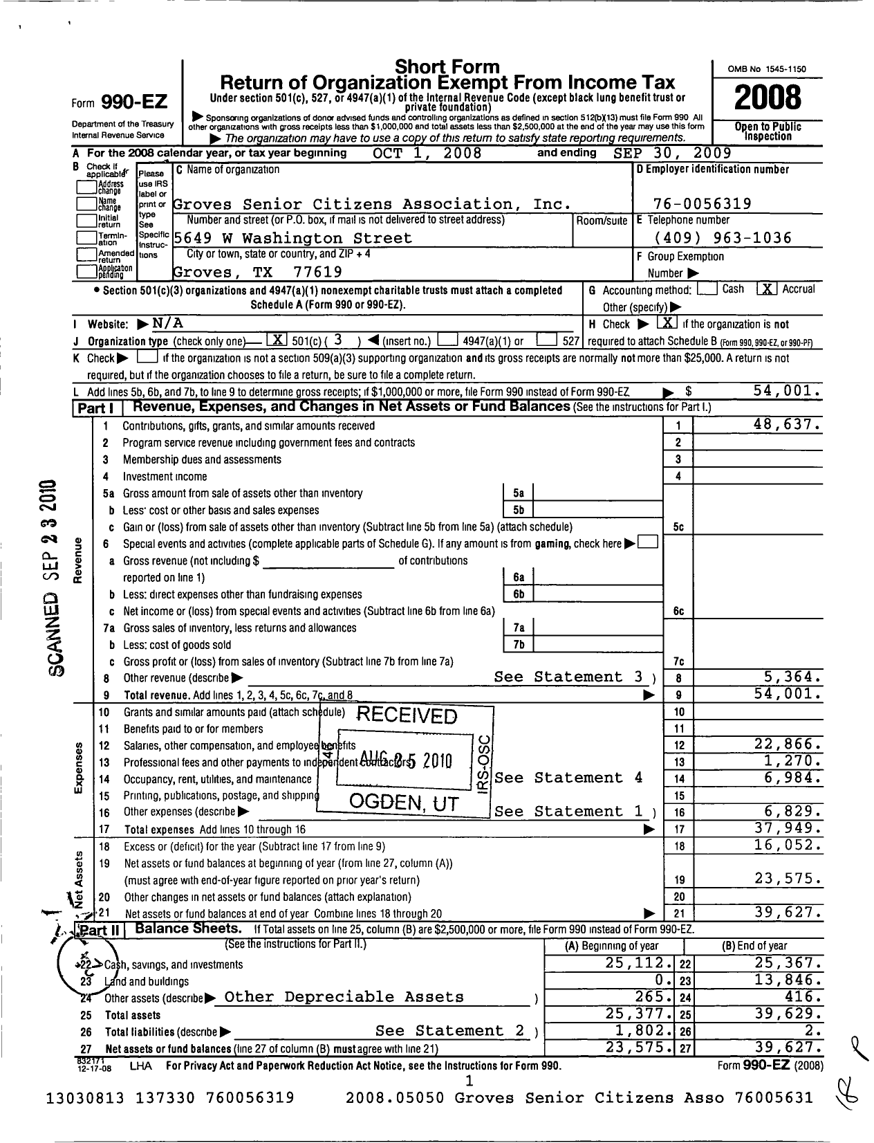 Image of first page of 2008 Form 990EZ for Groves Senior Citizens Association