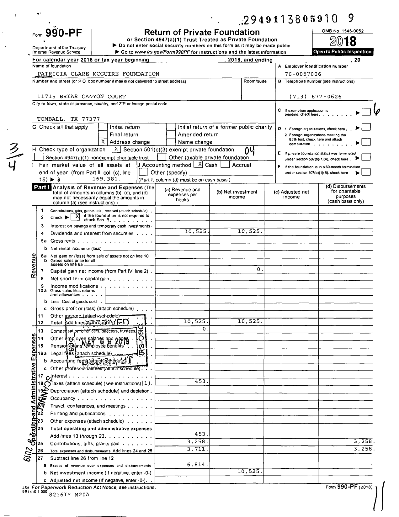 Image of first page of 2018 Form 990PF for Patricia Clare McGuire Foundation