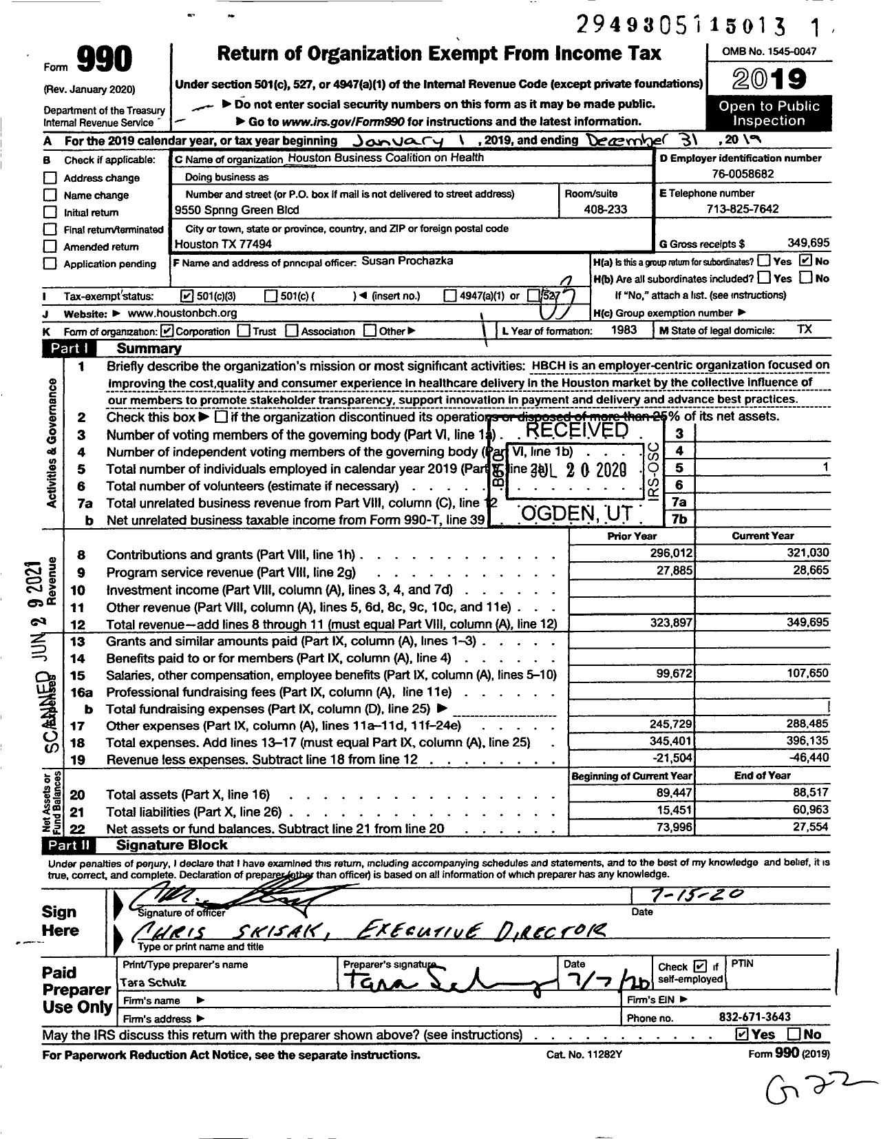 Image of first page of 2019 Form 990 for Houston Business Coalition on Health