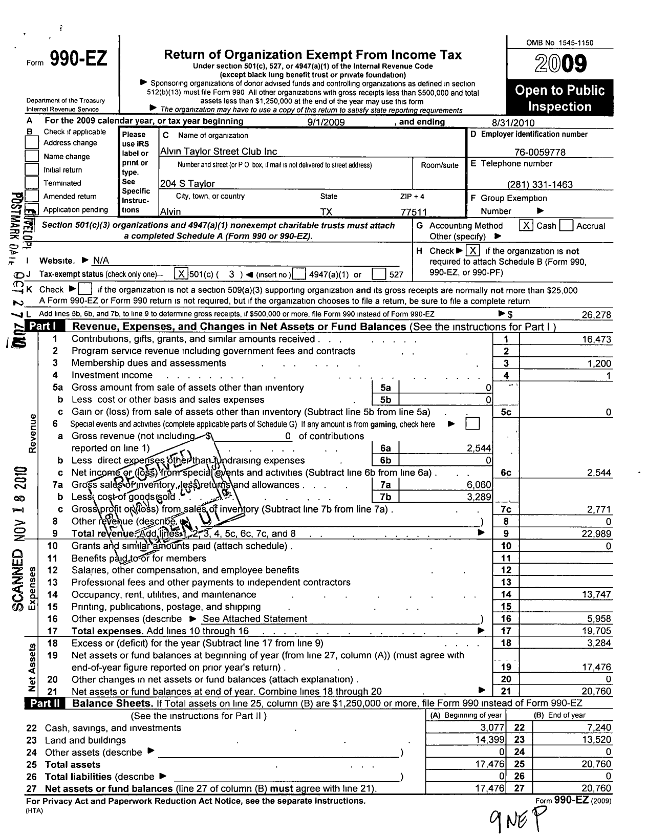 Image of first page of 2009 Form 990EZ for Alvin Taylor Street Club Incorporated