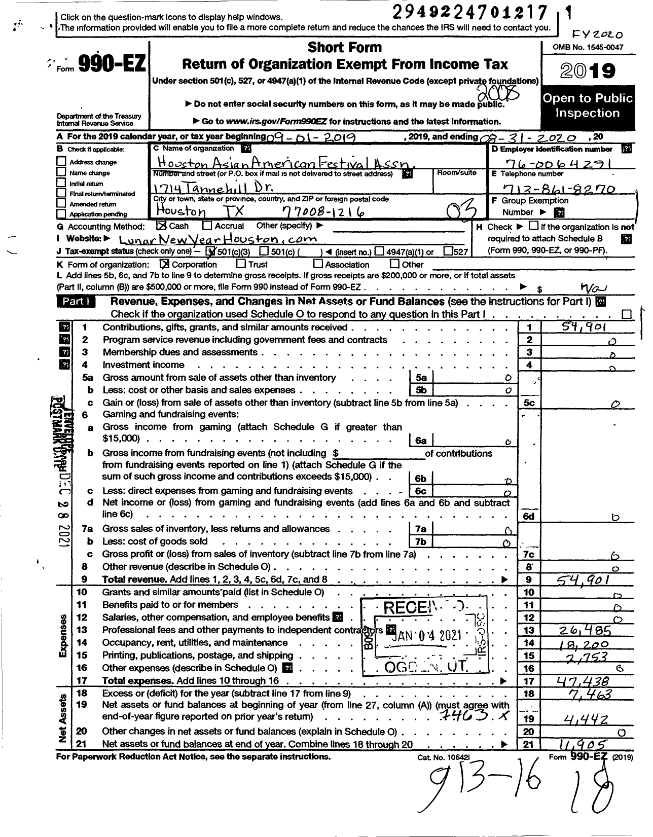 Image of first page of 2019 Form 990EZ for Houston Asian American Festival Association