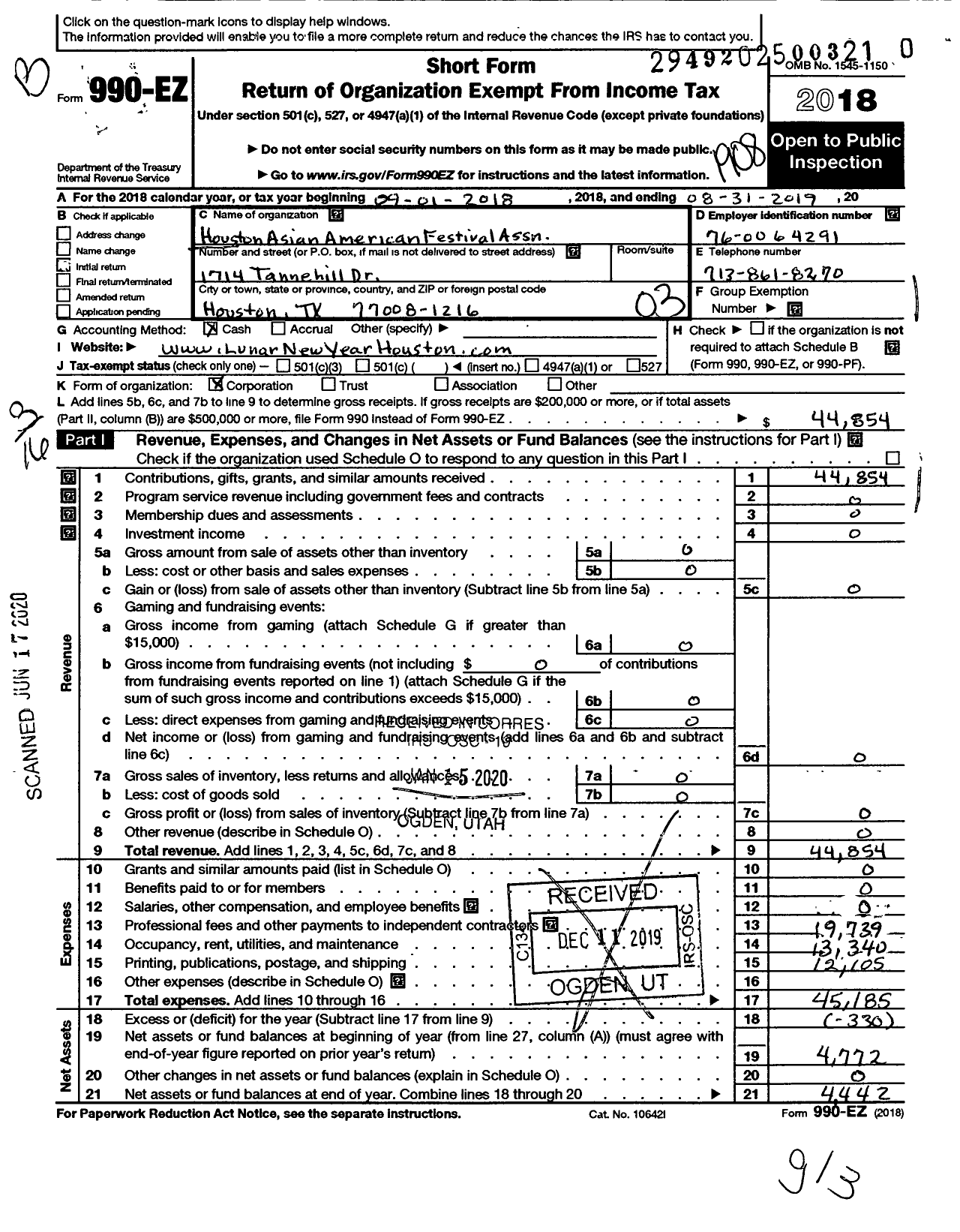 Image of first page of 2018 Form 990EZ for Houston Asian American Festival Association