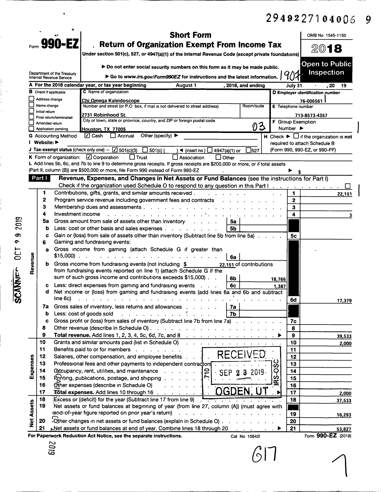 Image of first page of 2018 Form 990EZ for Chi Omega Kaleidoscope