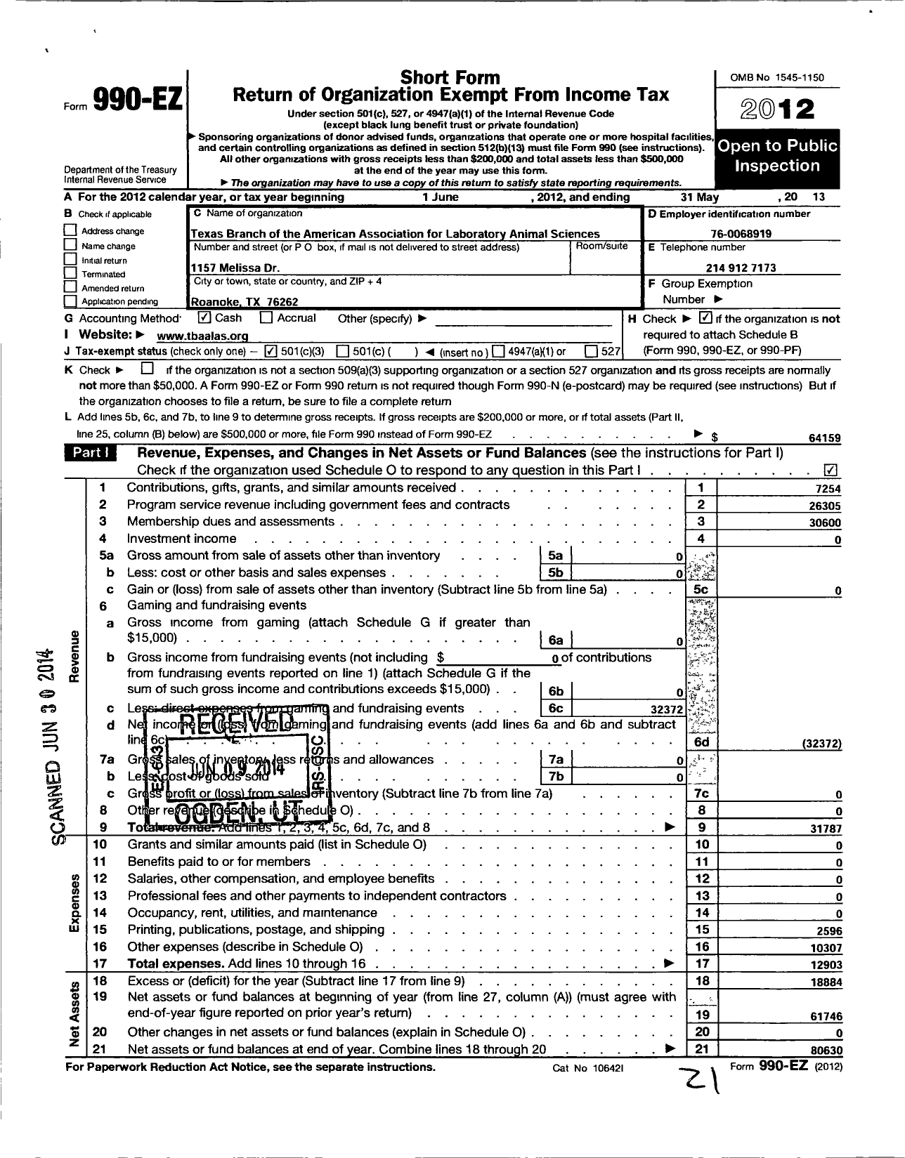 Image of first page of 2012 Form 990EZ for Texas Branch of the American Association for Laboratory Animal S