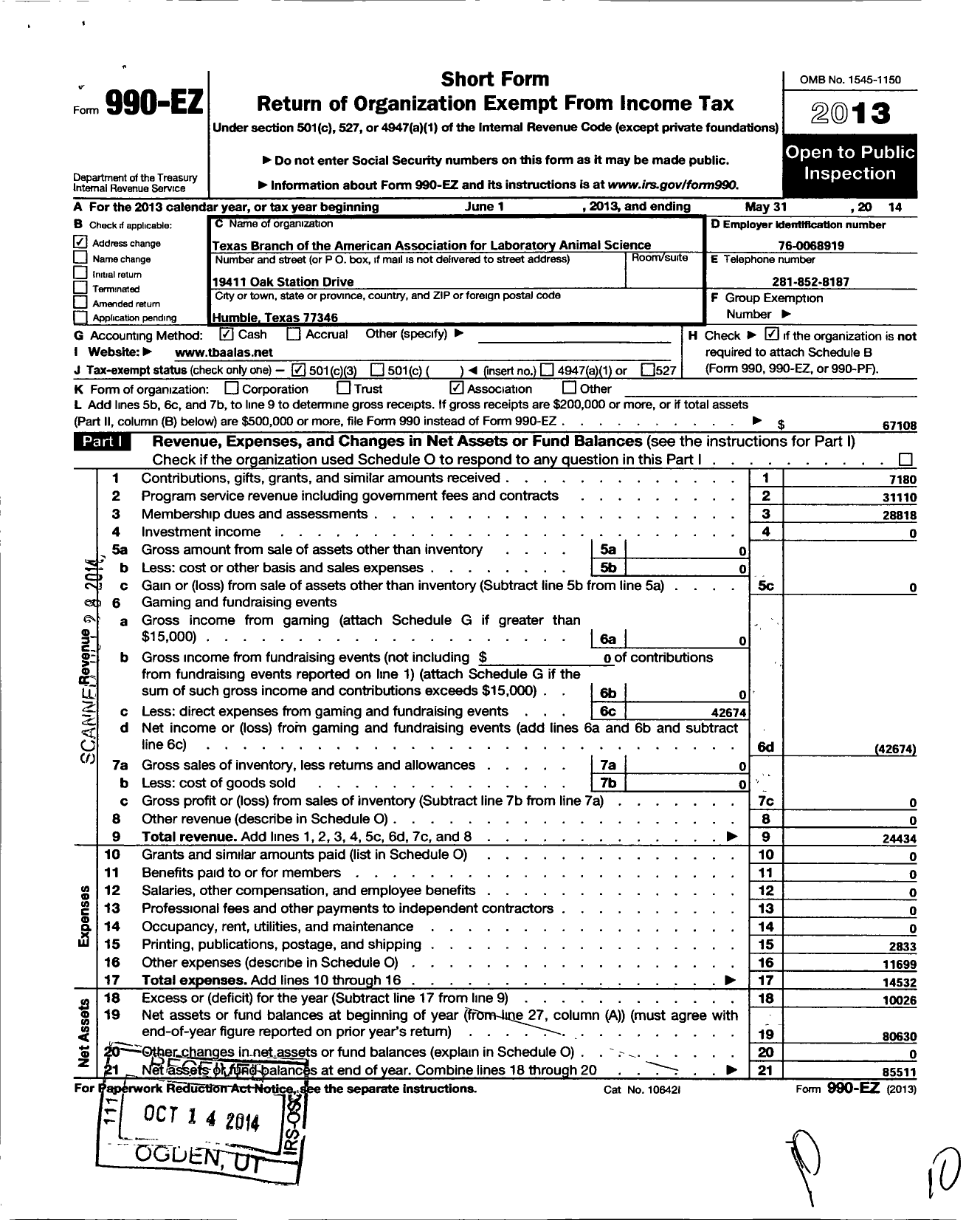 Image of first page of 2013 Form 990EZ for Texas Branch of the American Association for Laboratory Animal S