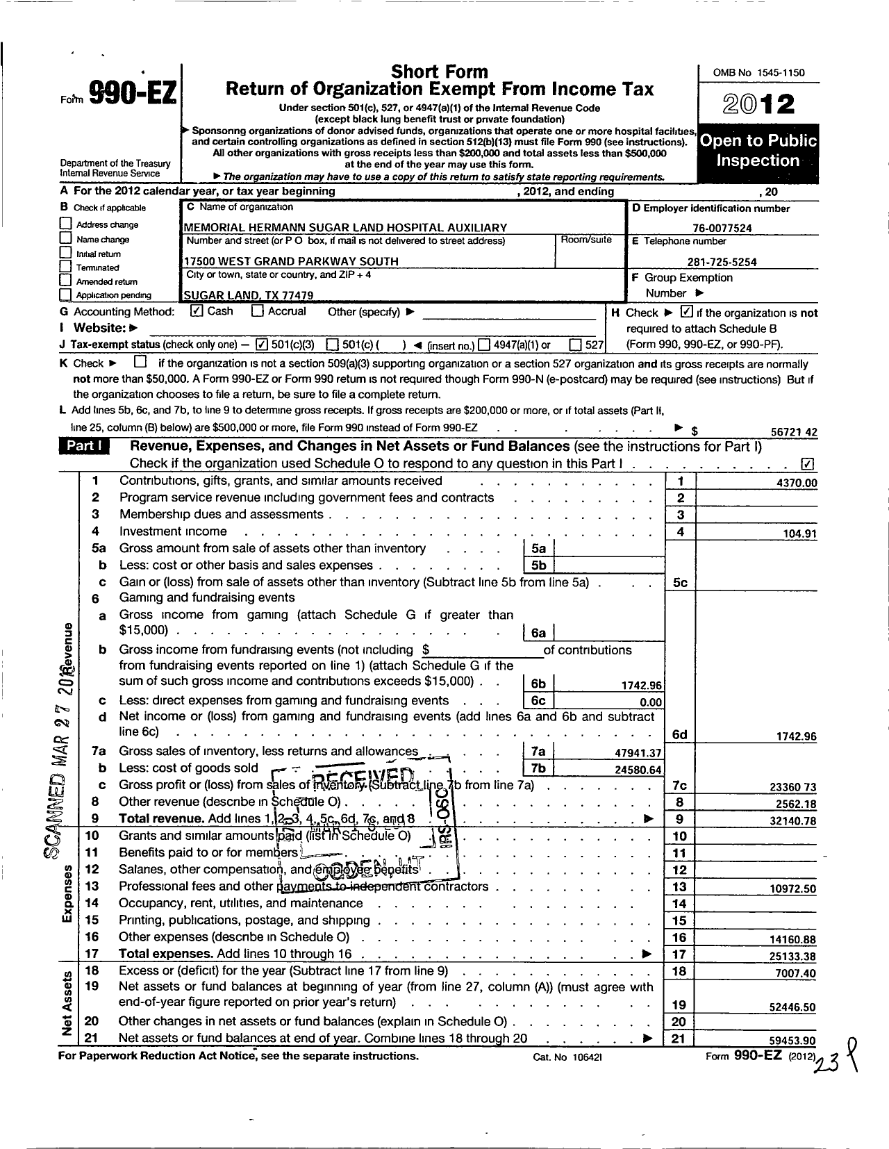 Image of first page of 2012 Form 990EZ for Memorial Hermann Sugar Land Hospital Auxiliary