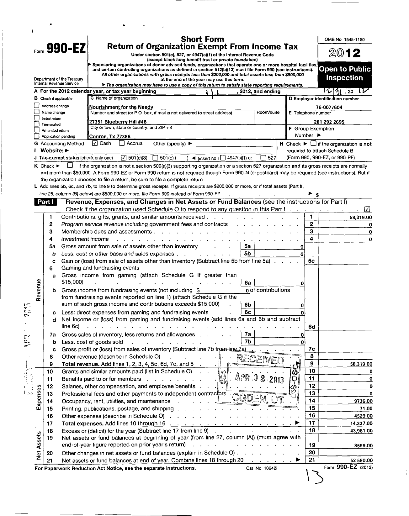 Image of first page of 2012 Form 990EZ for Food Pantry / Nourishment for the Needy Inc