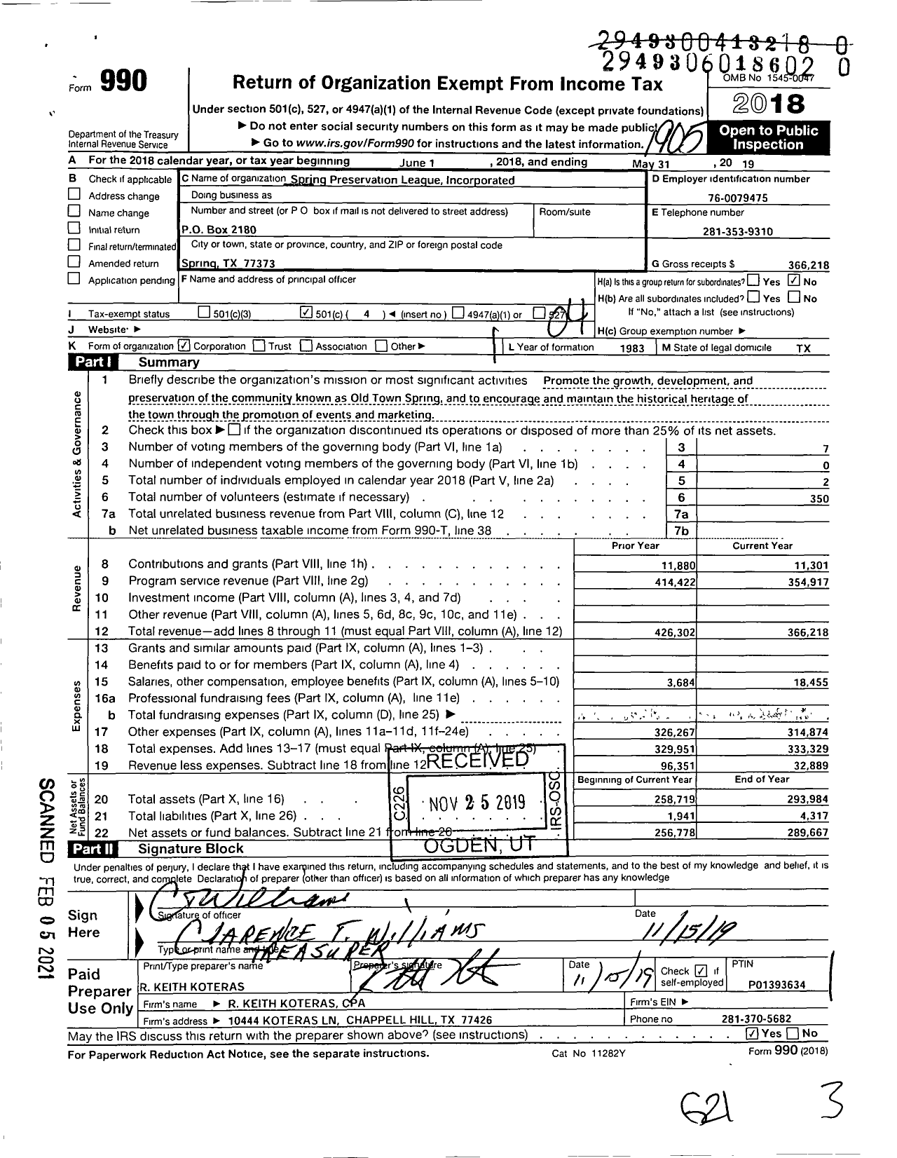 Image of first page of 2018 Form 990O for Spring Preservation League Incorporated