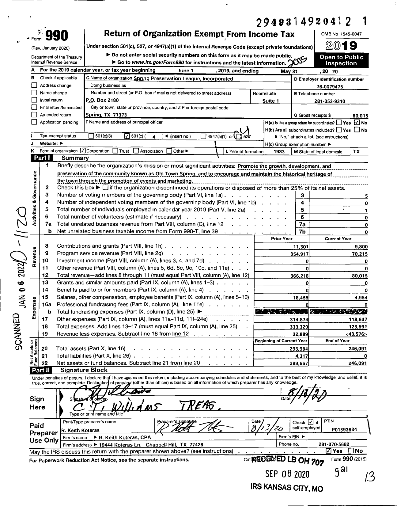 Image of first page of 2019 Form 990O for Spring Preservation League Incorporated