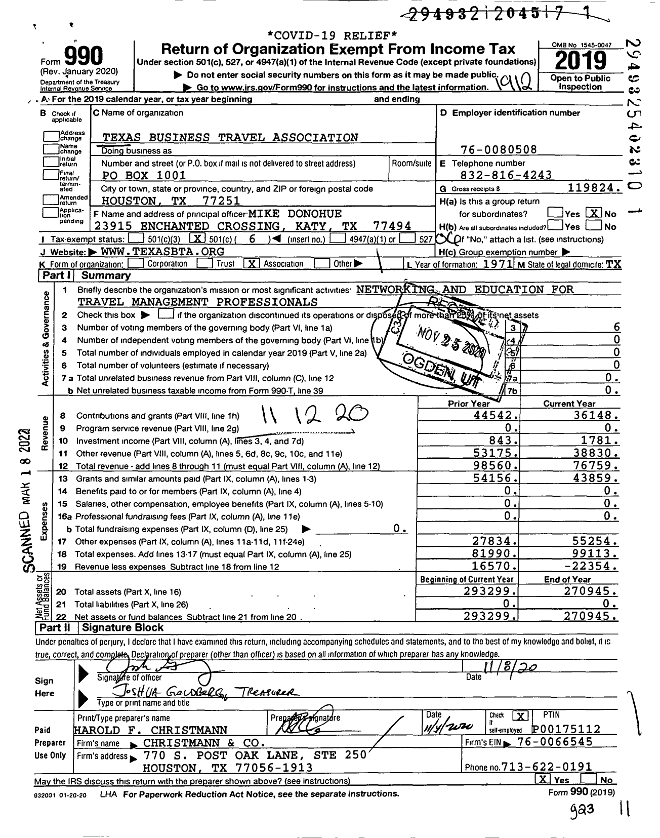 Image of first page of 2019 Form 990O for Texas Business Travel Association