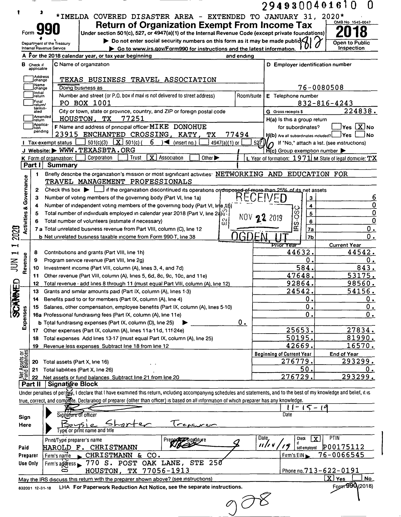 Image of first page of 2018 Form 990O for Texas Business Travel Association