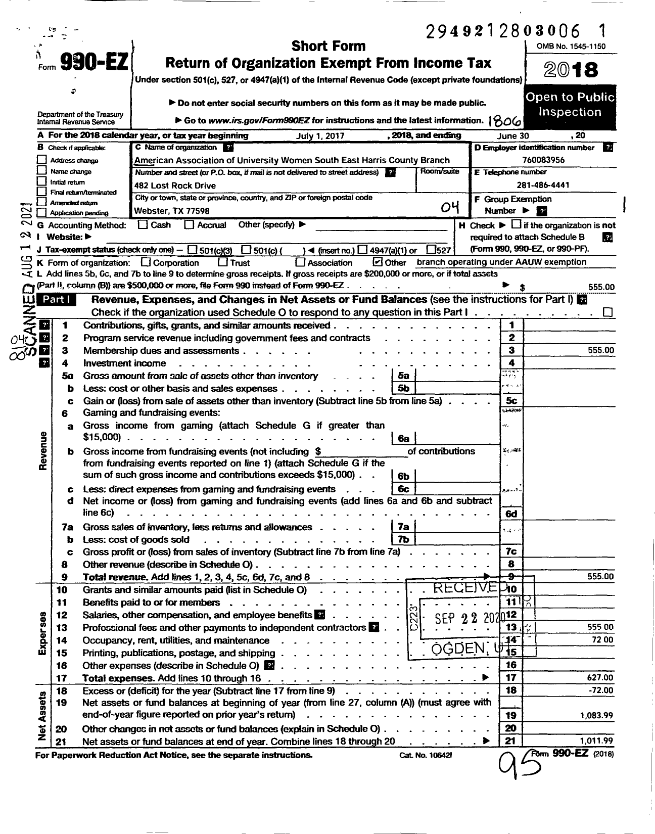 Image of first page of 2017 Form 990EO for American Association of University Women / Southeast Harris County