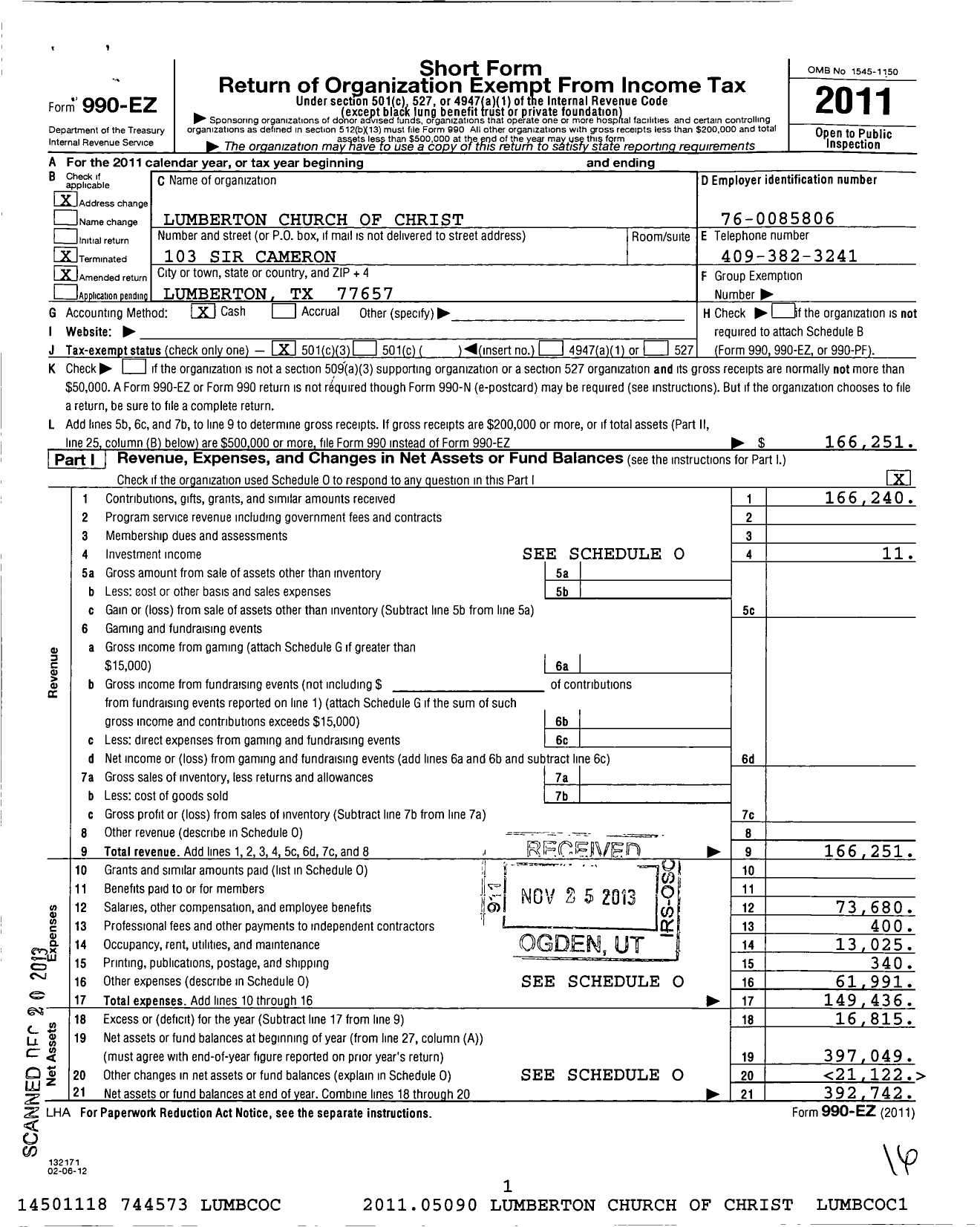 Image of first page of 2011 Form 990EZ for Lumberton Church of Christ