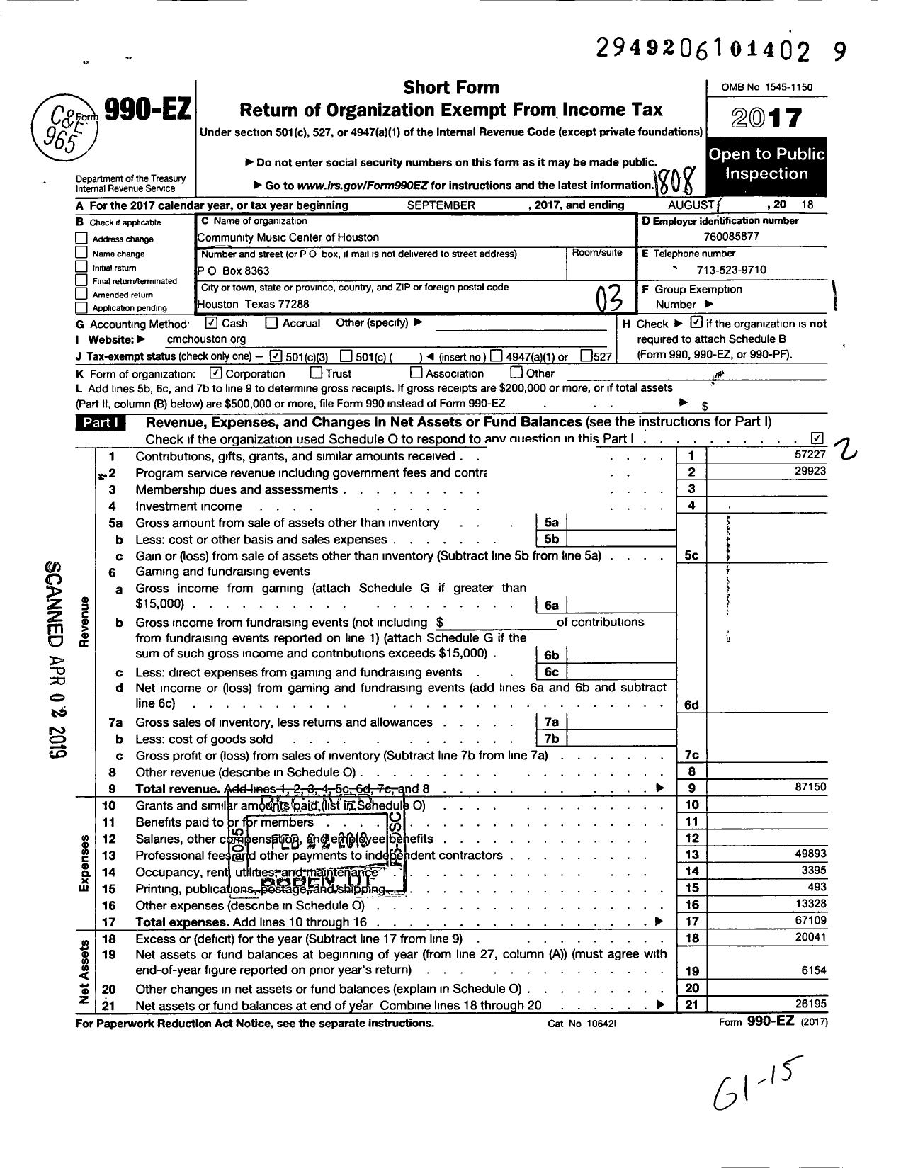 Image of first page of 2017 Form 990EZ for Community Music Center of Houston