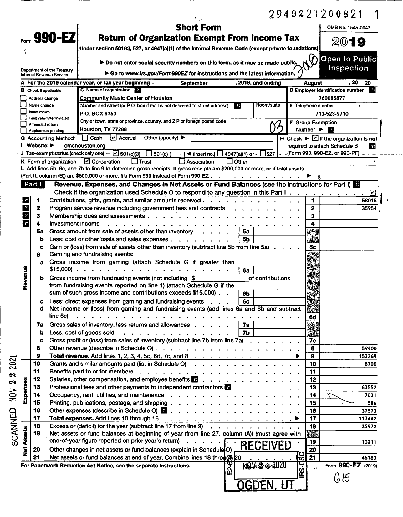 Image of first page of 2019 Form 990EZ for Community Music Center of Houston