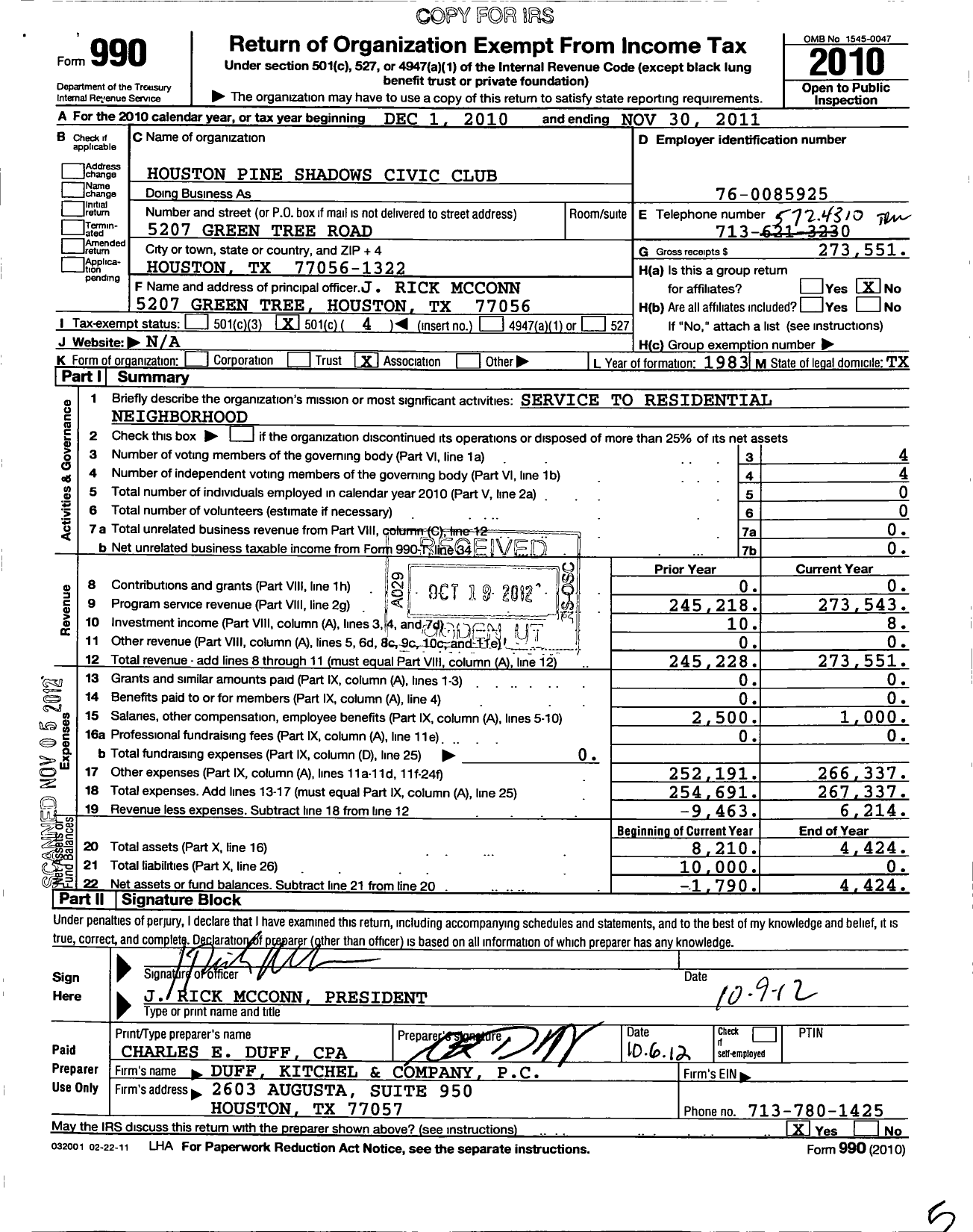 Image of first page of 2010 Form 990O for Houston Pine Shadows Civic Club