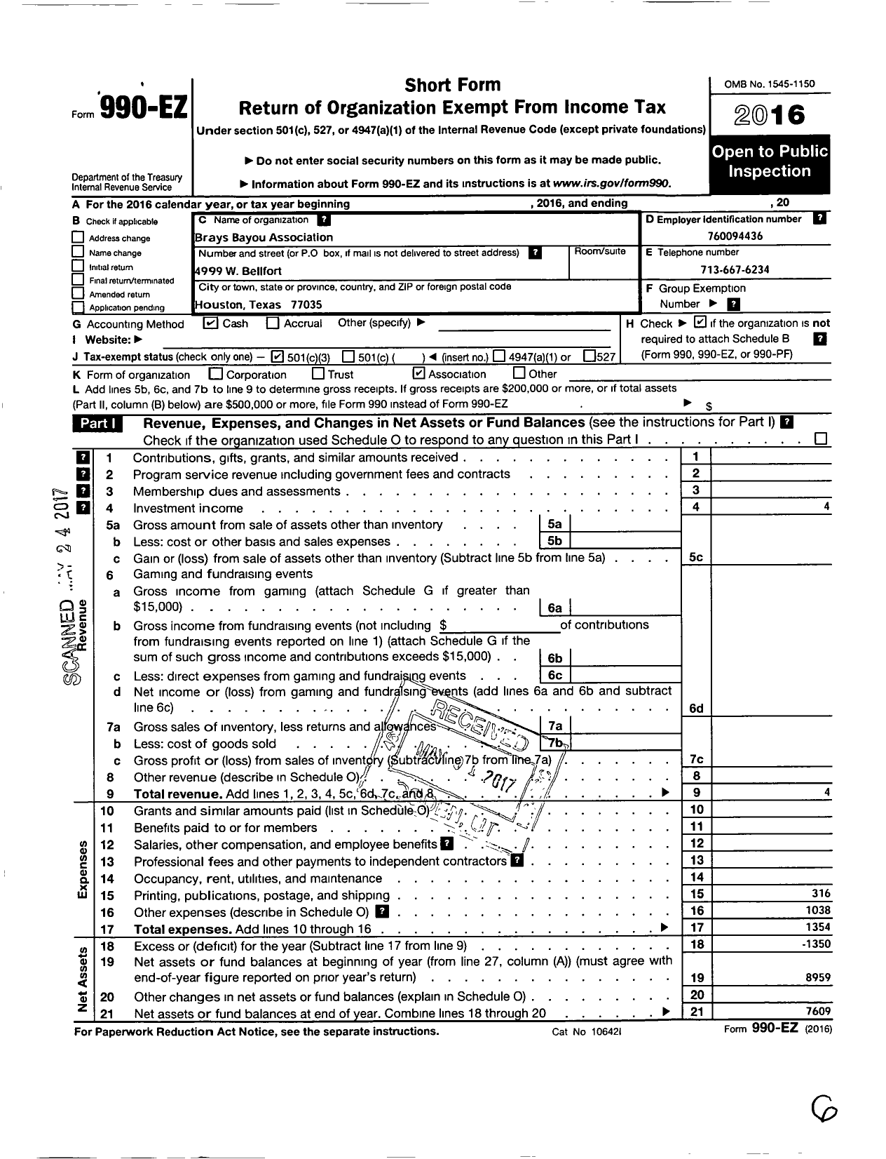 Image of first page of 2016 Form 990EZ for Brays Bayou Association