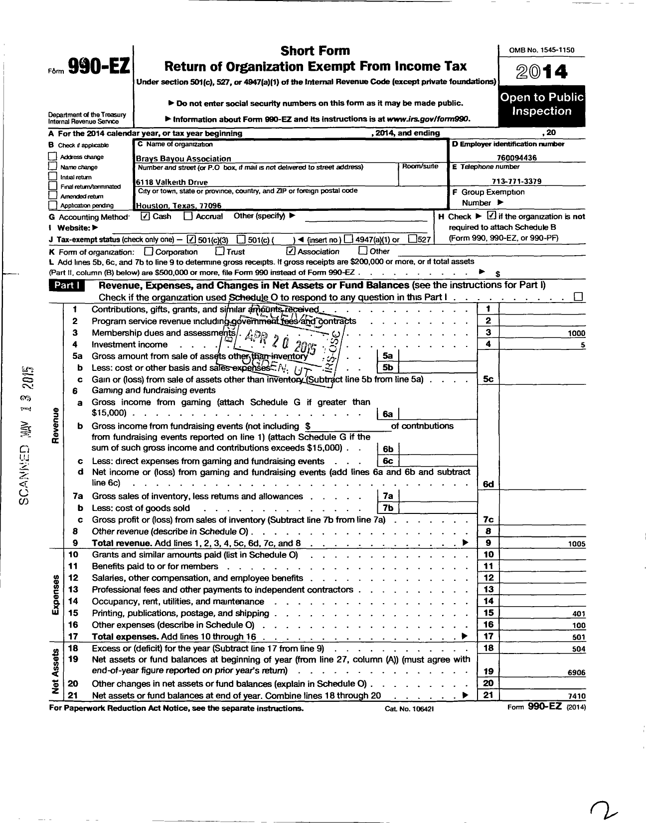 Image of first page of 2014 Form 990EZ for Brays Bayou Association