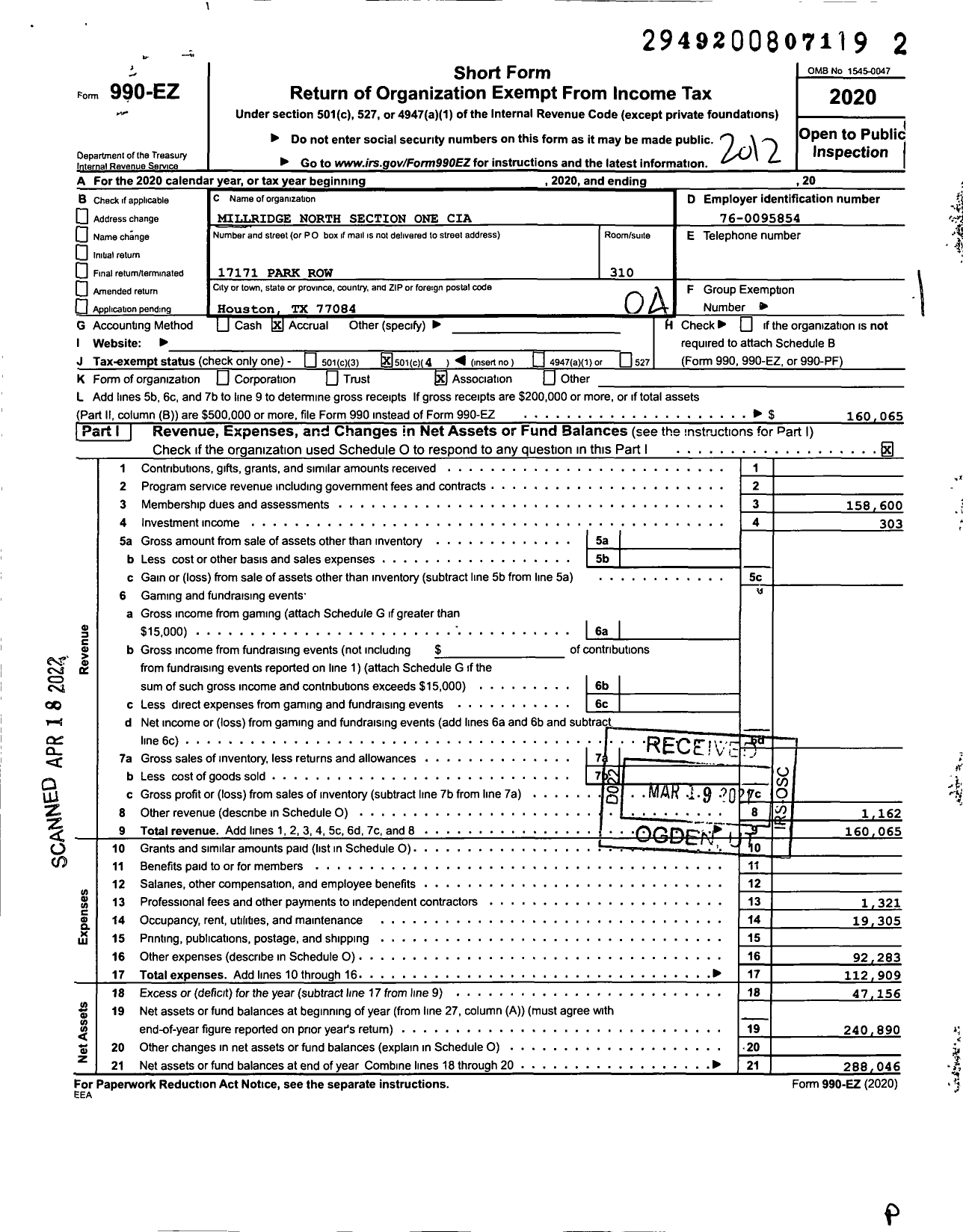 Image of first page of 2020 Form 990EO for Millridge North Section One Cia