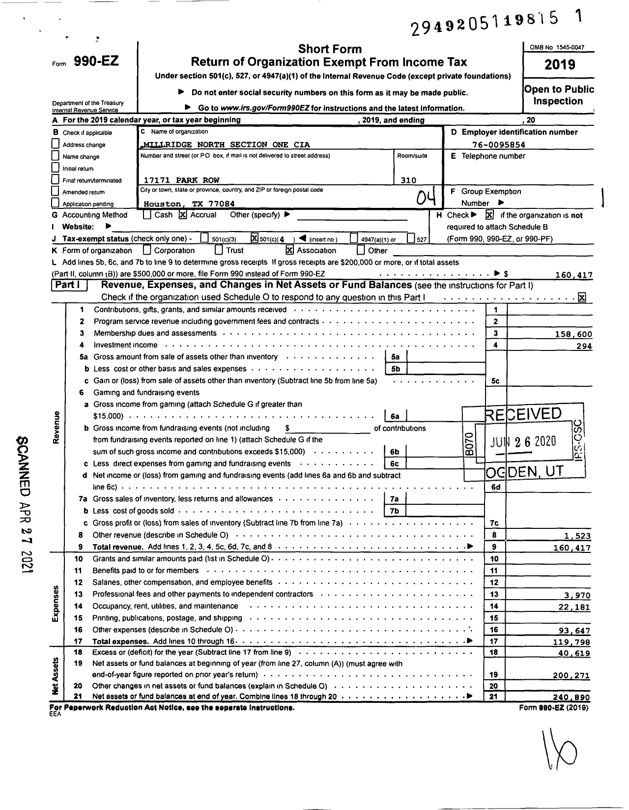 Image of first page of 2019 Form 990EO for Millridge North Section One Cia