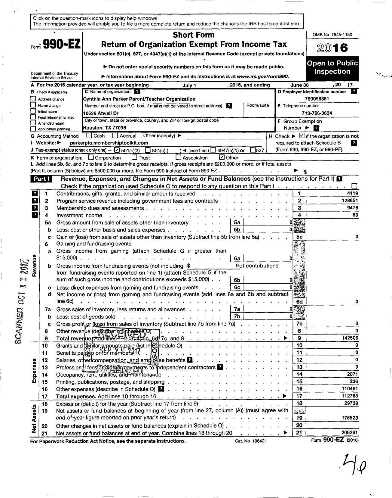 Image of first page of 2016 Form 990EZ for Cynthia Ann Parker Parent-Teacher Organization