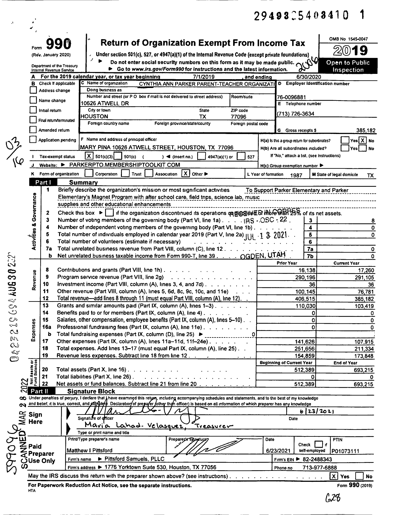 Image of first page of 2019 Form 990 for Cynthia Ann Parker Parent-Teacher Organization