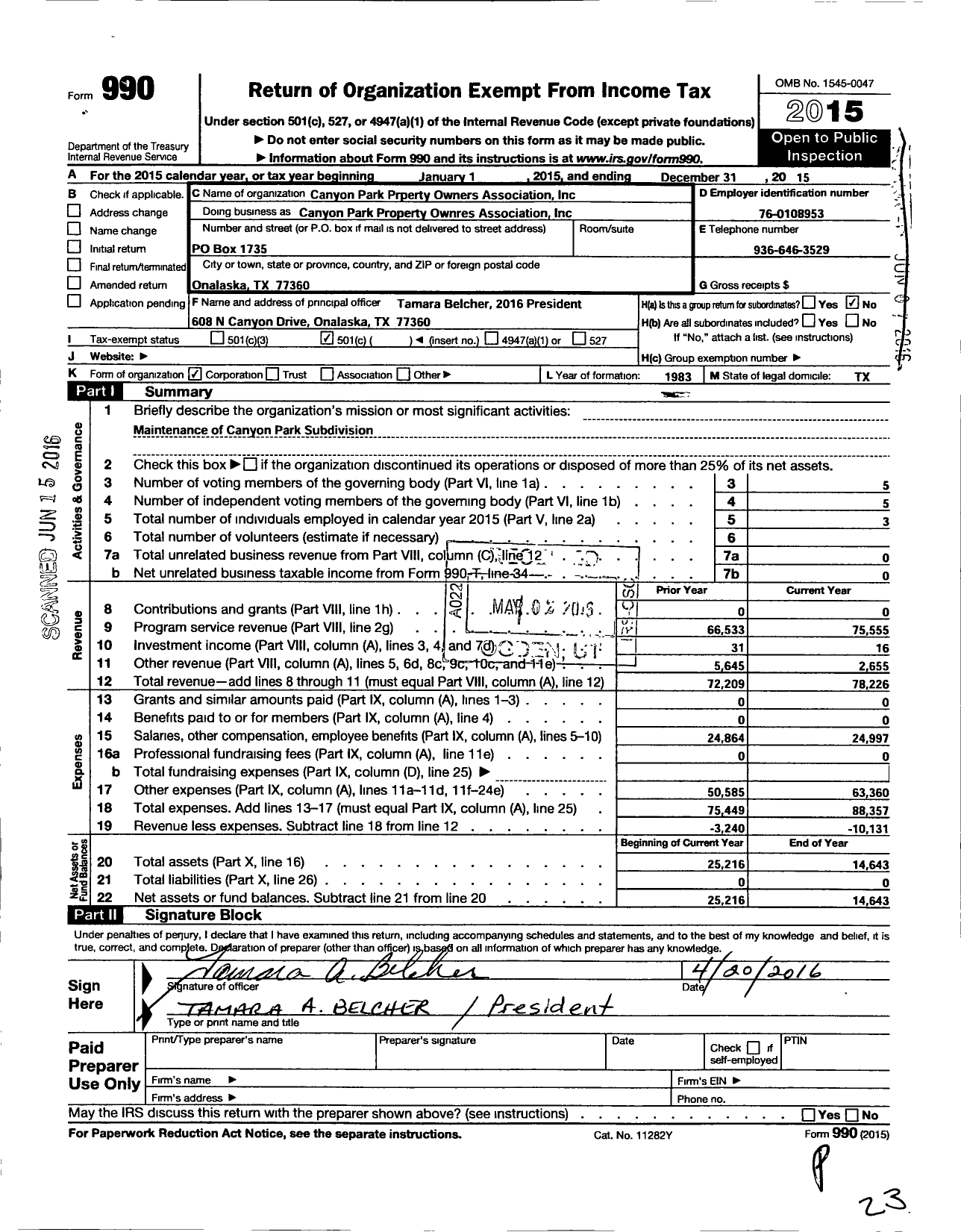 Image of first page of 2015 Form 990O for Canyon Park Property Owners Association