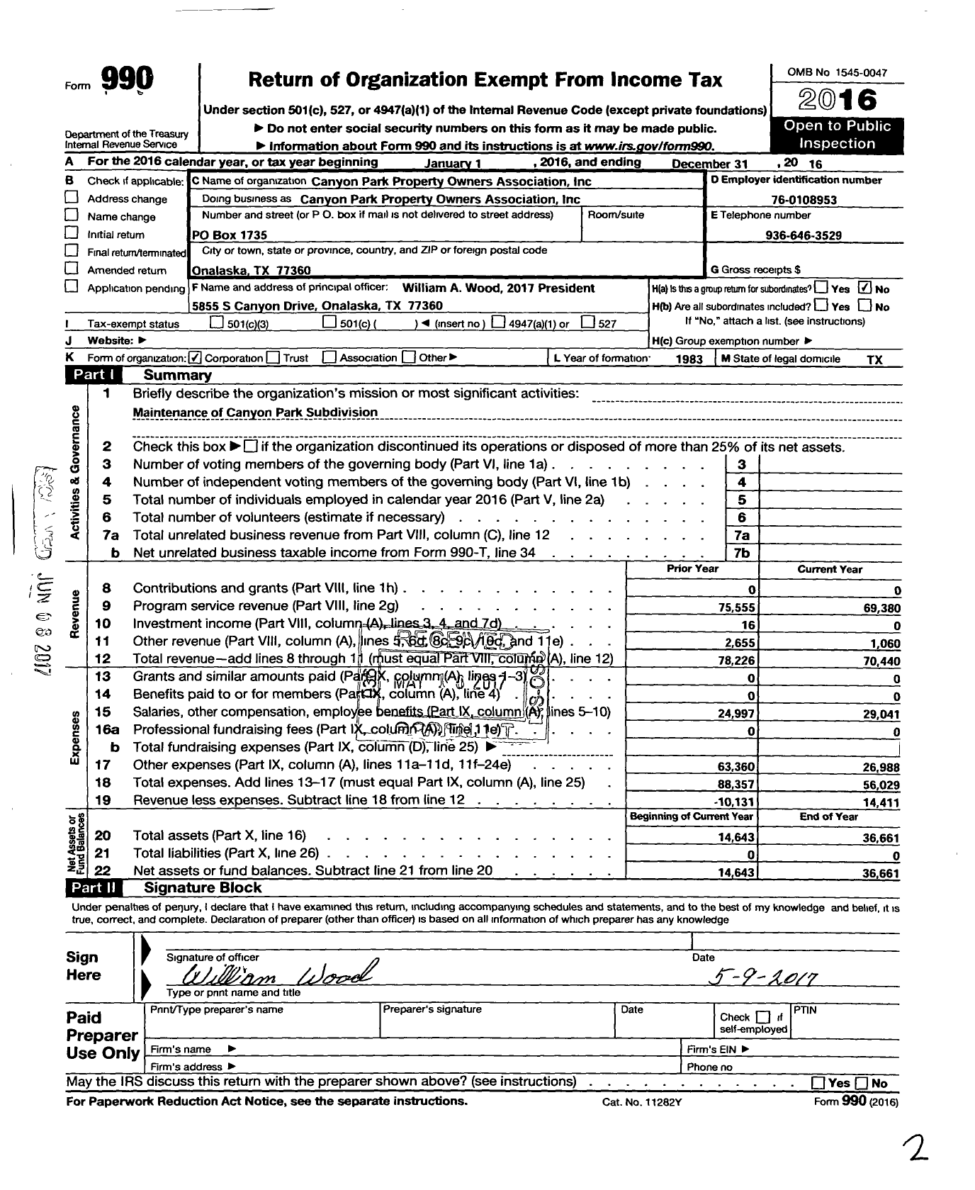 Image of first page of 2016 Form 990O for Canyon Park Property Owners Association