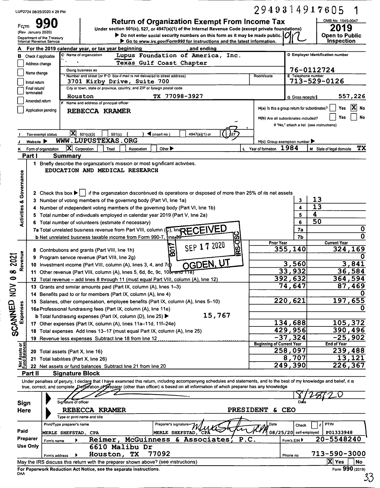 Image of first page of 2019 Form 990 for Lupus Foundation of America