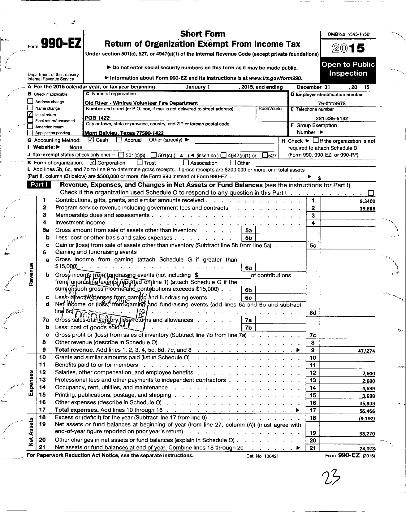 Image of first page of 2015 Form 990EO for Old River-Winfree Volunteer Fire Department