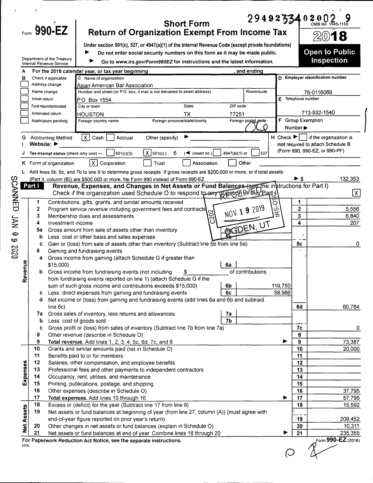 Image of first page of 2018 Form 990EO for Asian American Bar Association